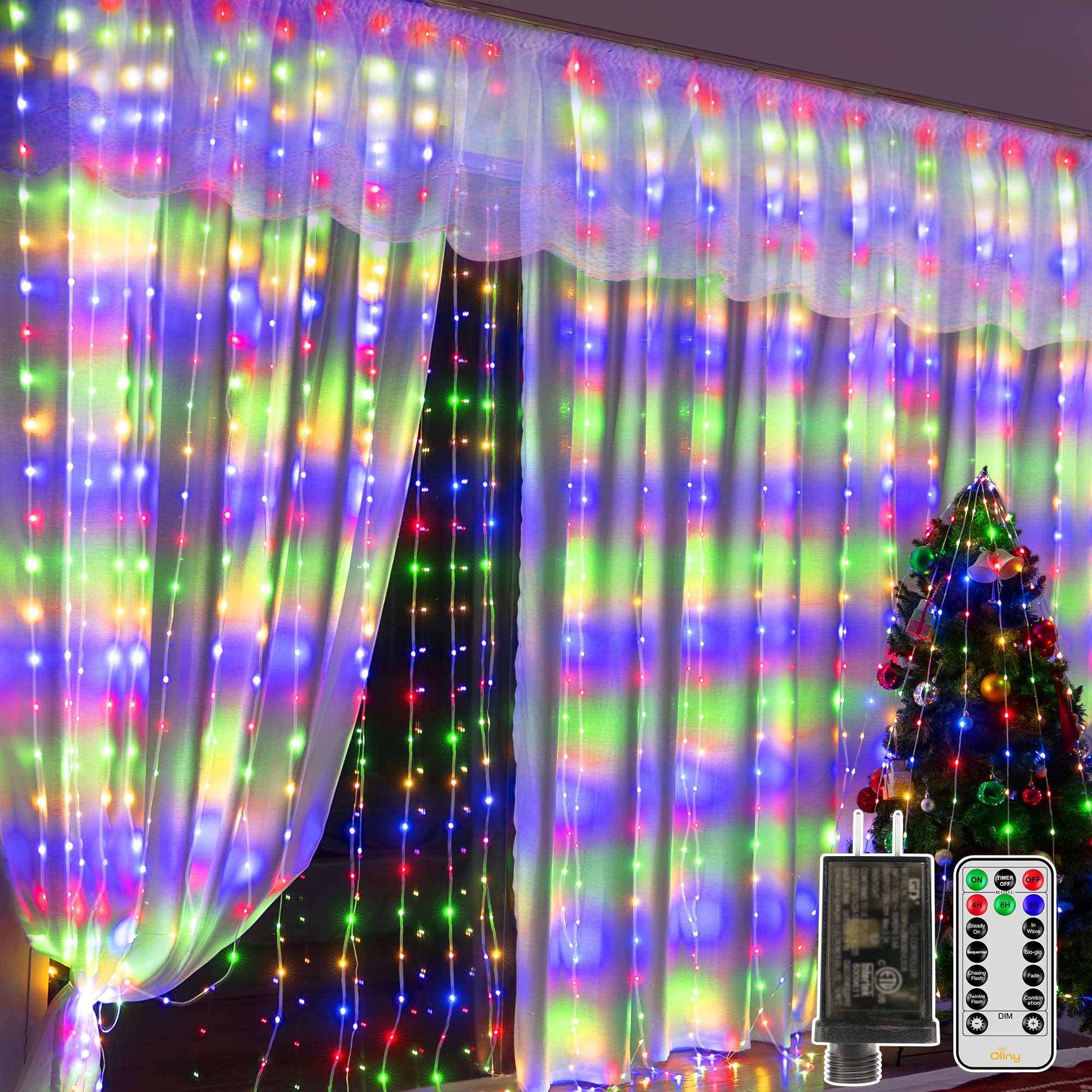 Ollny Curtain Lights 600Led 19.7Ft X 9.8Ft  Ip67 Waterproof Outdoor Curtain Rice Lights With Remote  Plug-In Untangle Fairy Light With 8 Modes 3 Timers For Wall Waterfall Backdrop Decor(Multicolored)