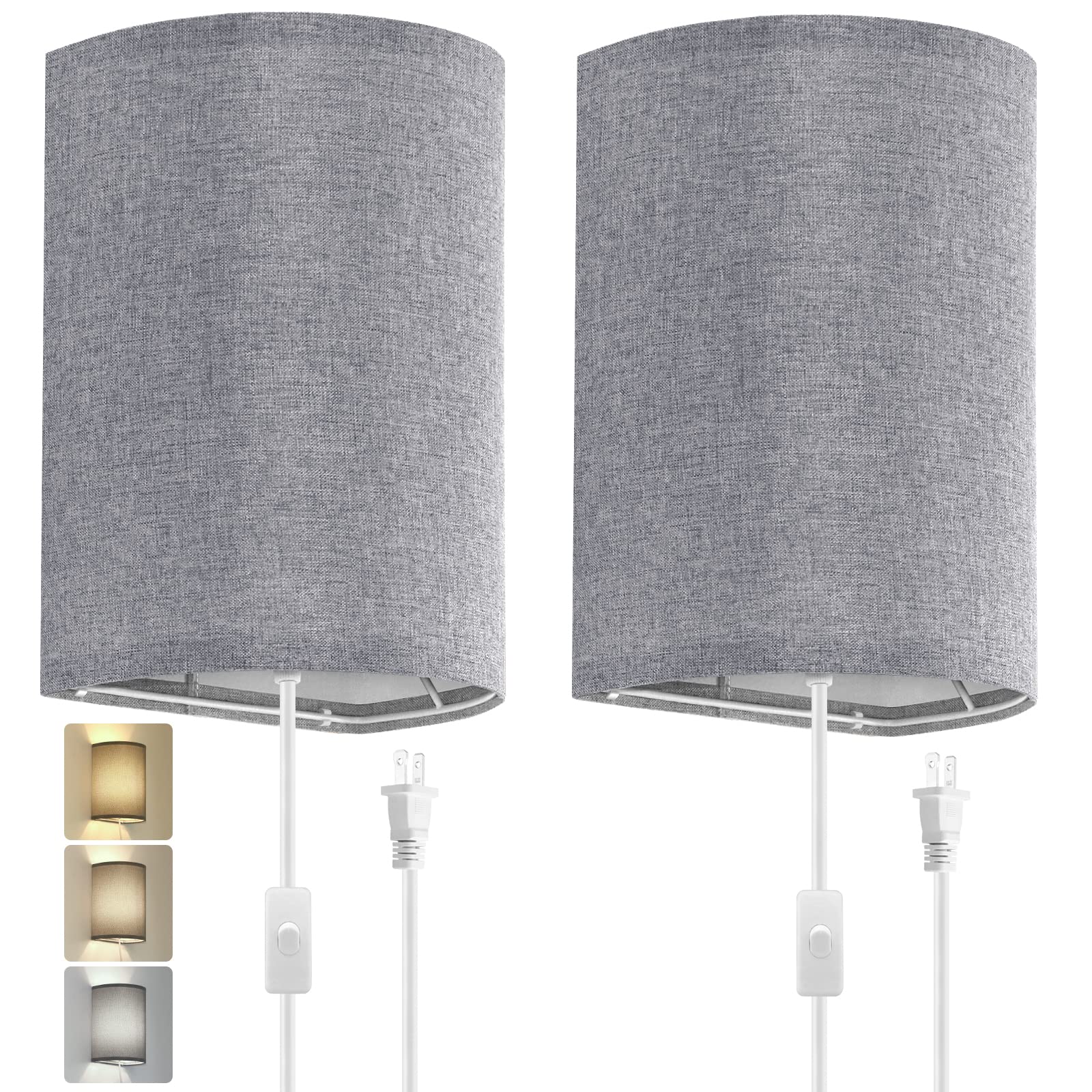 Beser·Win Wall Sconces Set Of Two, Gray Fabric Shades, Modern Plug-In Light Fixtures
