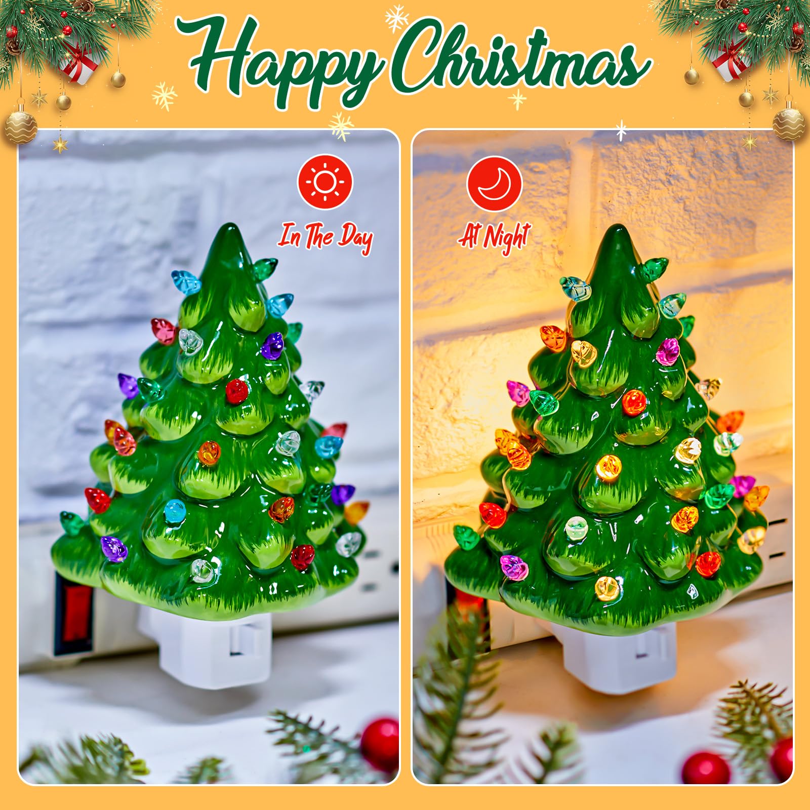 Brightown Ceramic Christmas Tree Night Light - 2 Pack 6 Christmas Decorative Ceramic Tree With On/Off Switch  Vintage Christmas Night Light For Bedroom Bathroom Living Room Porch Holiday Decor