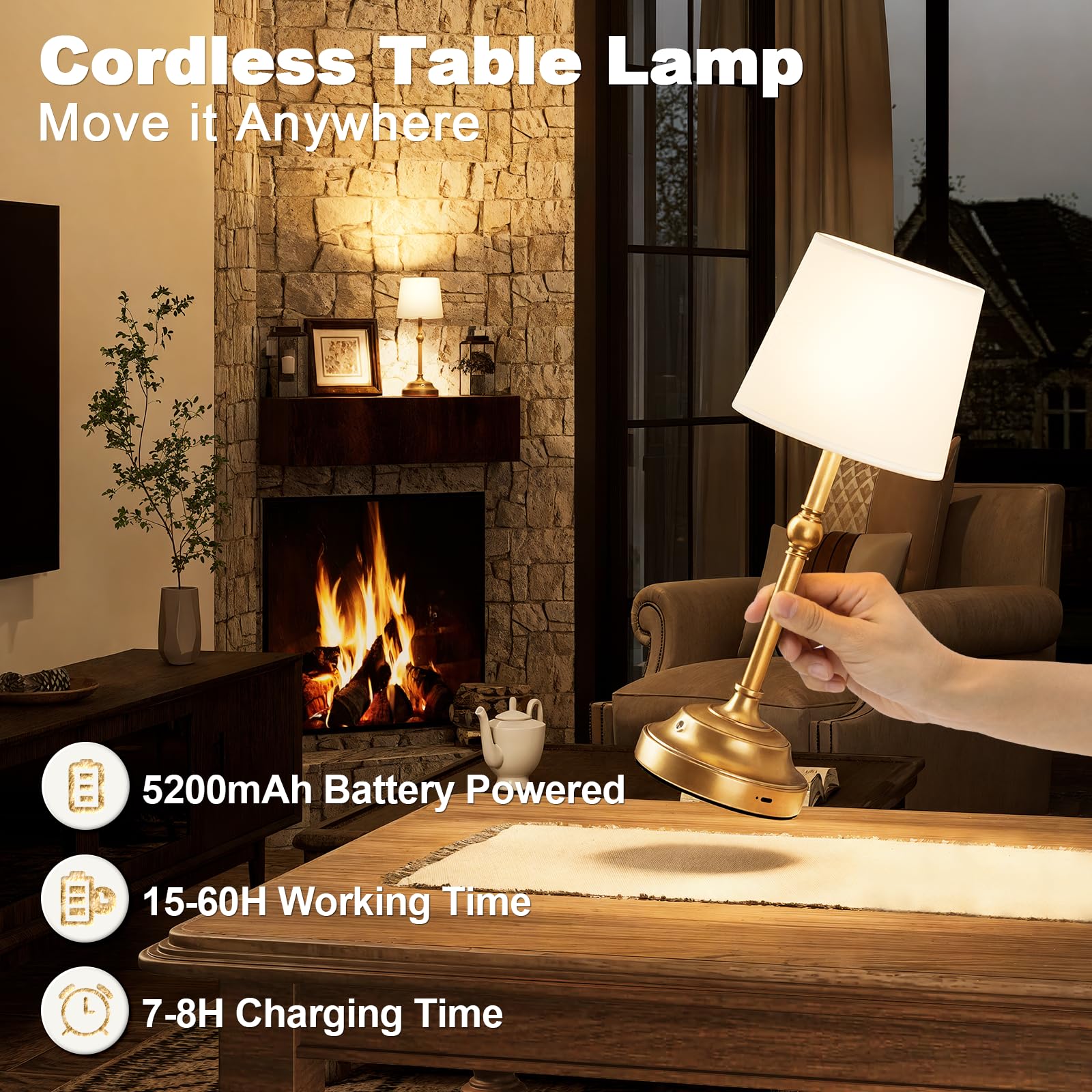VOLISUN Cordless Table Lamp, Touch Dimmable, 5200mAh Battery, Metal, 1 Pack, Gold, Model 21577ZM