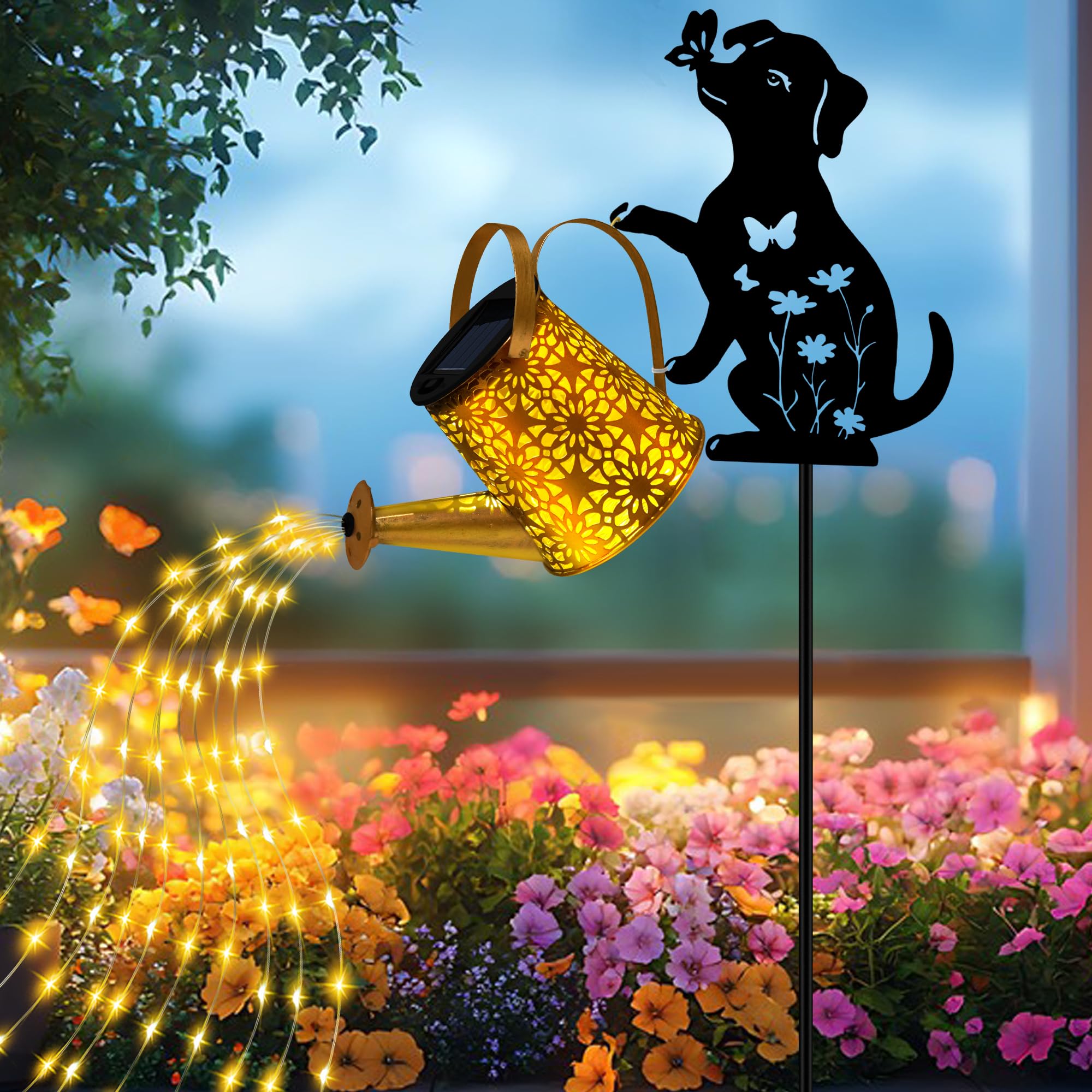 Solar Lights Outdoor Decorative  Watering Can With Cascading Lights  With Dog Silhouette Garden Stakes  Waterproof Metal Garden Decor For Yard Art  Outside  Patio  Lawn Ornaments(1 Pack)