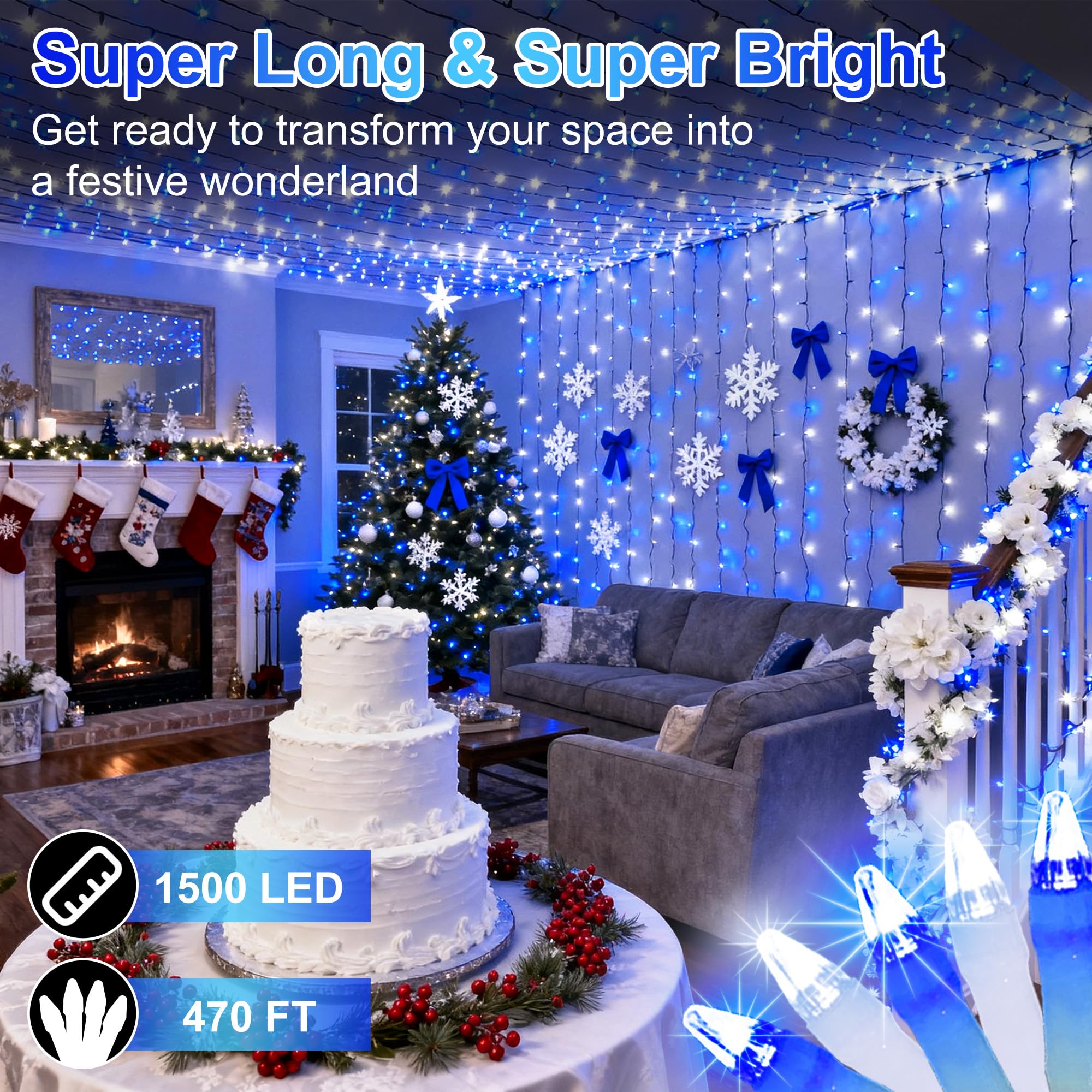 WUXYIYANG 1500 LED Christmas String Lights - 470FT, Blue & White, Waterproof, 12 Modes, Timer, Clear Wire for Outdoor Decor