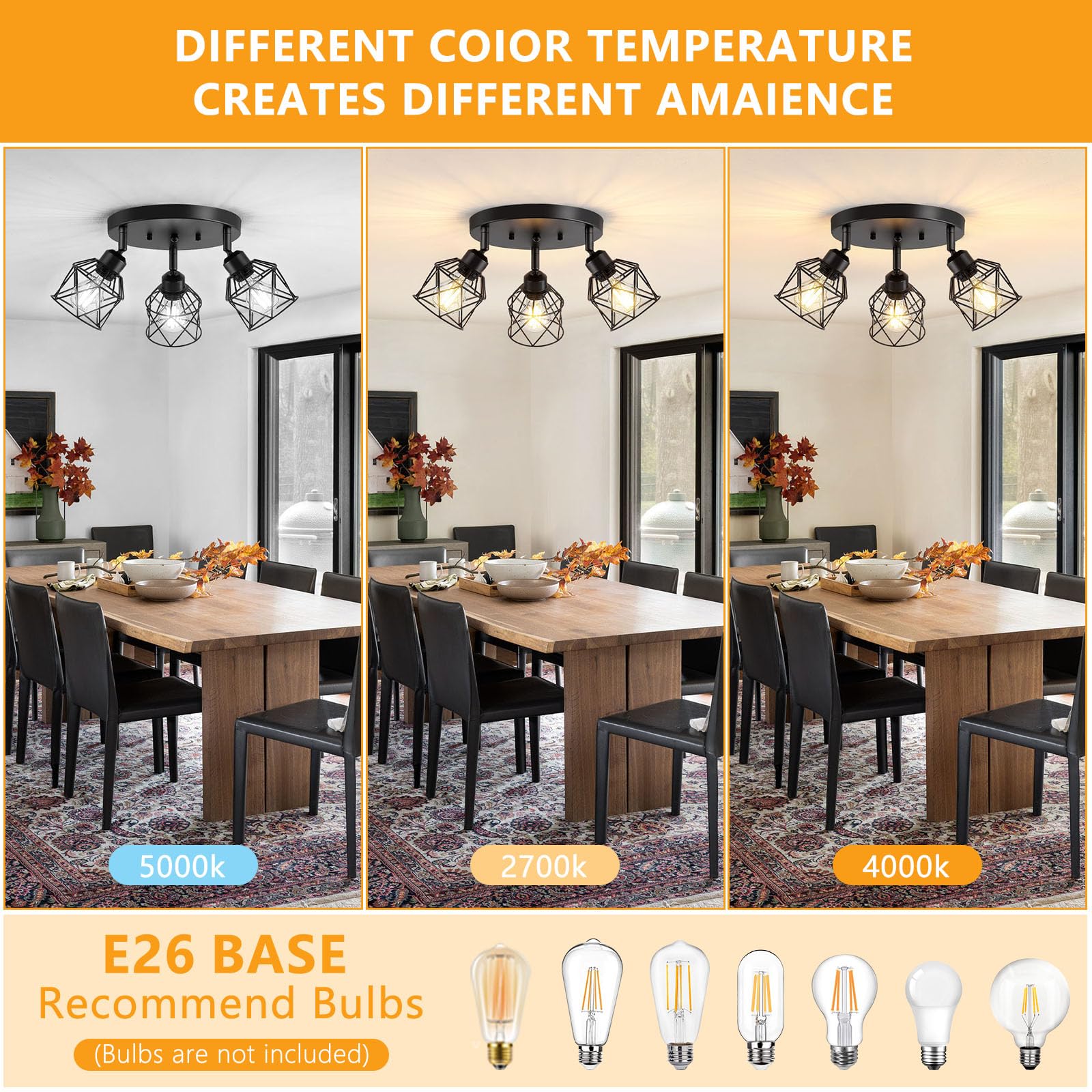 Baocuz 3-Light Kitchen Flush Mount Ceiling Light, Adjustable Multi-Directional Ceiling Light Fixture, Farmhouse Black Metal Cage