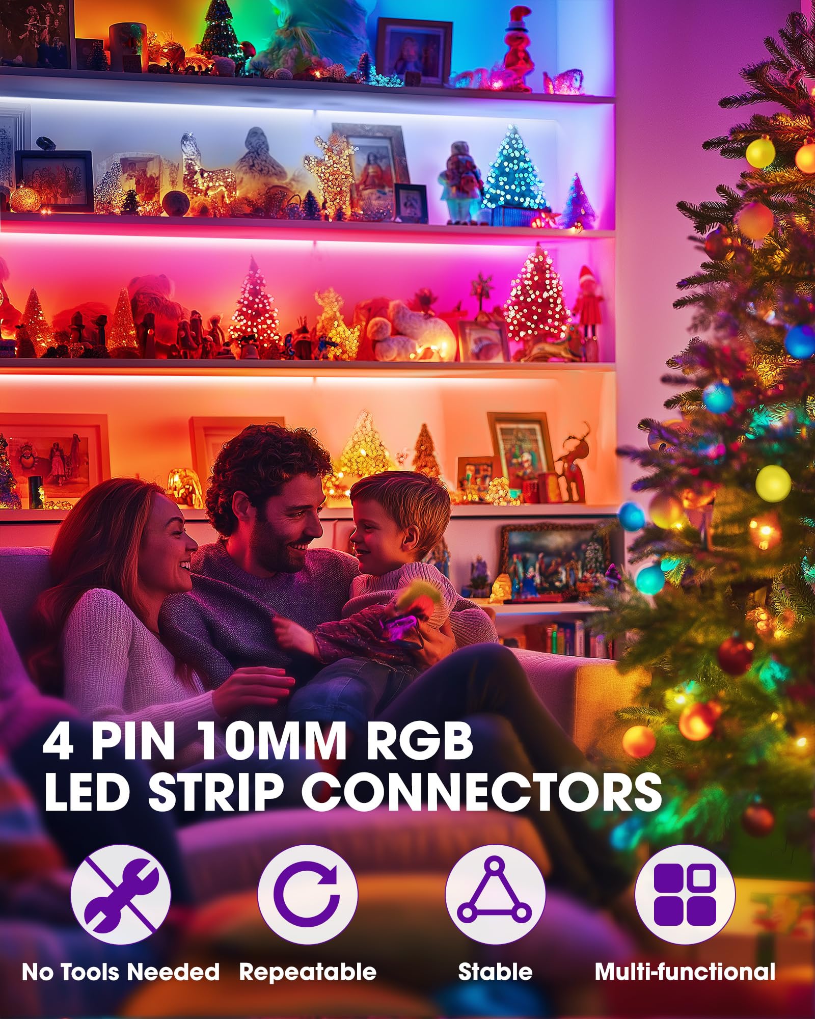 HitLights 12 Pack RGB LED Strip Connectors, 10mm 4 Pin, 6 Inch Solderless, Plastic, Model CON-10M-B00A-12PK-FBA