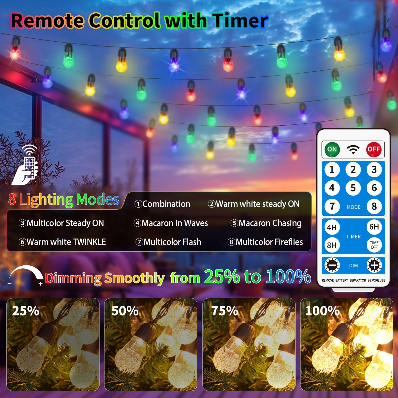 Ryblgled Solar String Lights - 59Ft Waterproof Multicolor Globe Lights with Remote for Outdoor Patio and Camping Decor