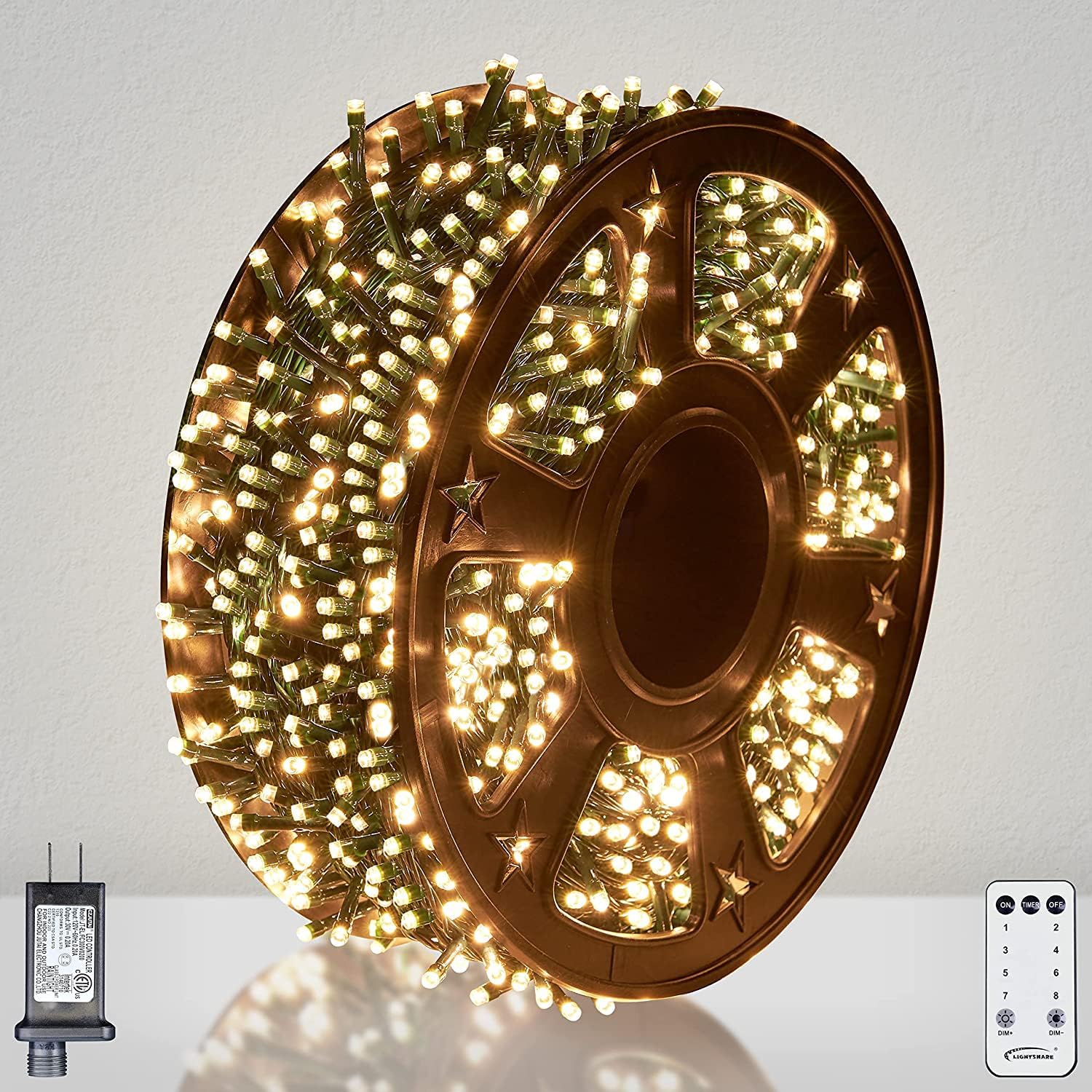 LIGHTSHARE 1000LED String Lights, Warm White, 328FT, 8 Modes, Green Wire, Model LZZK-IR21-13-01