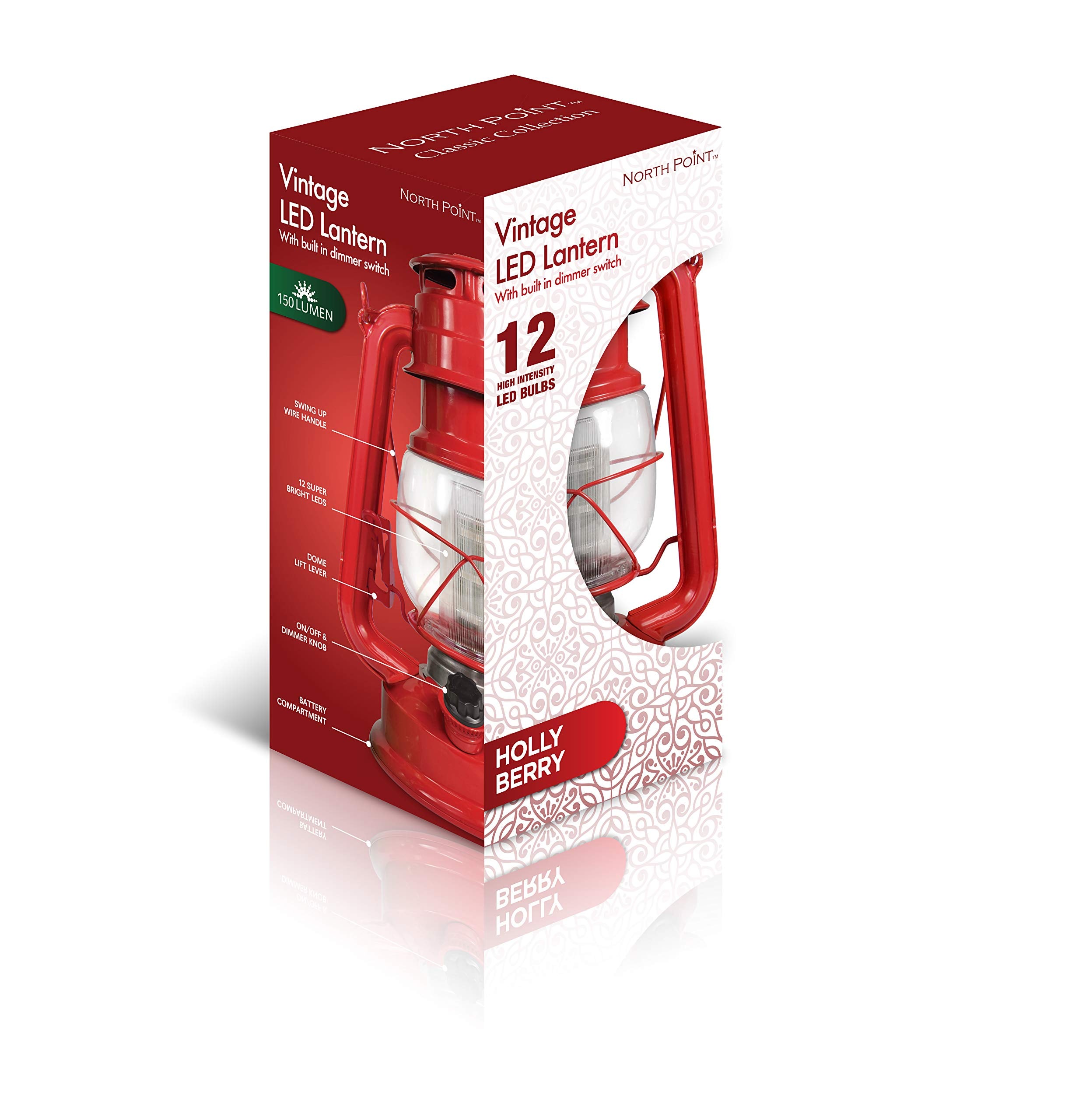 Northpoint Vintage Style Red Hurricane Lantern, 12 LEDs, 150 Lumen, Battery Operated, Metal and Glass, 10in x 6in x 6in, Model 190492
