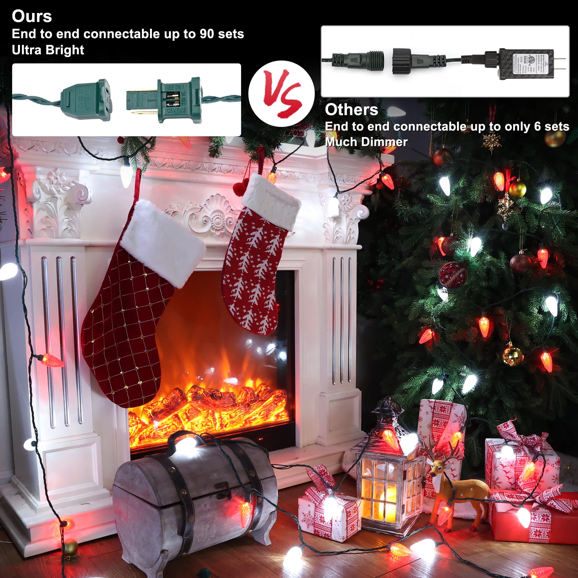 Brizled C9 Christmas Lights, 25 LED Red & White String Lights, 16FT Waterproof Connectable for Indoor/Outdoor Decor