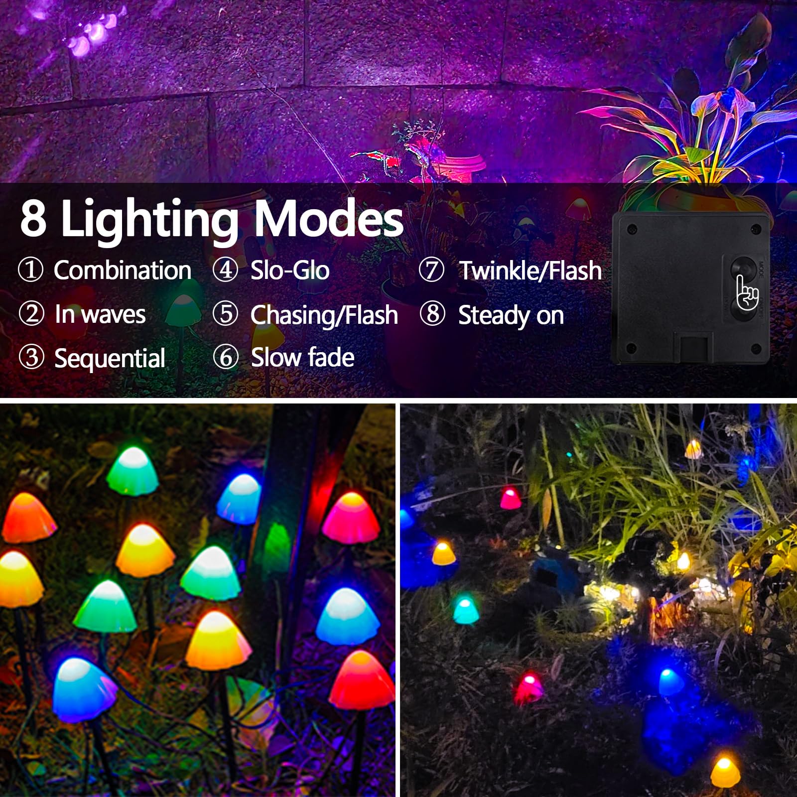 OZS Solar String Lights, 32LED 55FT Waterproof, 8 Lighting Modes, 2 Pack, Mushroom-Multicolor