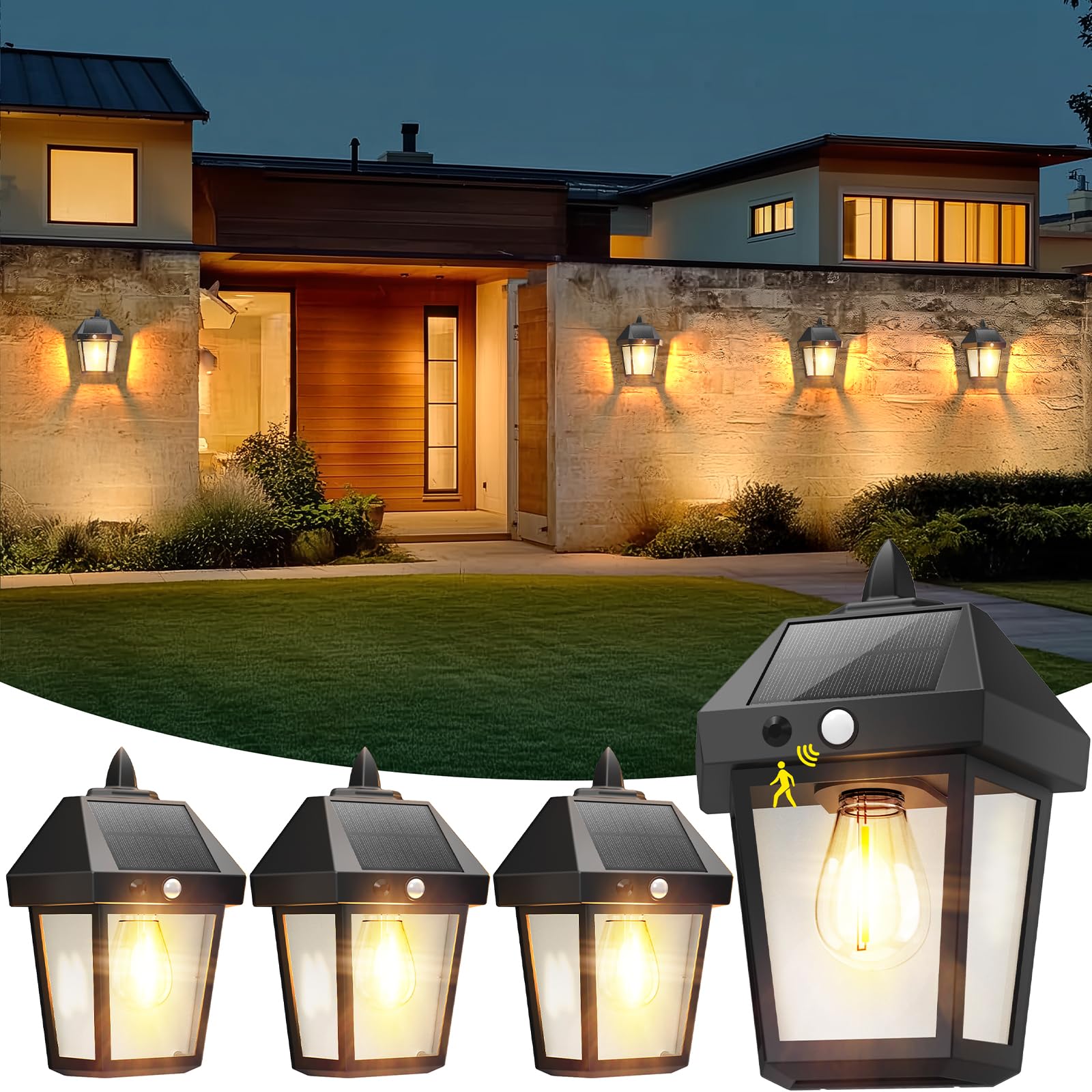 DERAYSION 4 Pack Solar Wall Lanterns 9 Inch Solar Porch Light with Motion Sensor  3 Mode Adjustable Brightness Waterproof Outdoor Wall Lights for Porch Door Patio Fence Garage