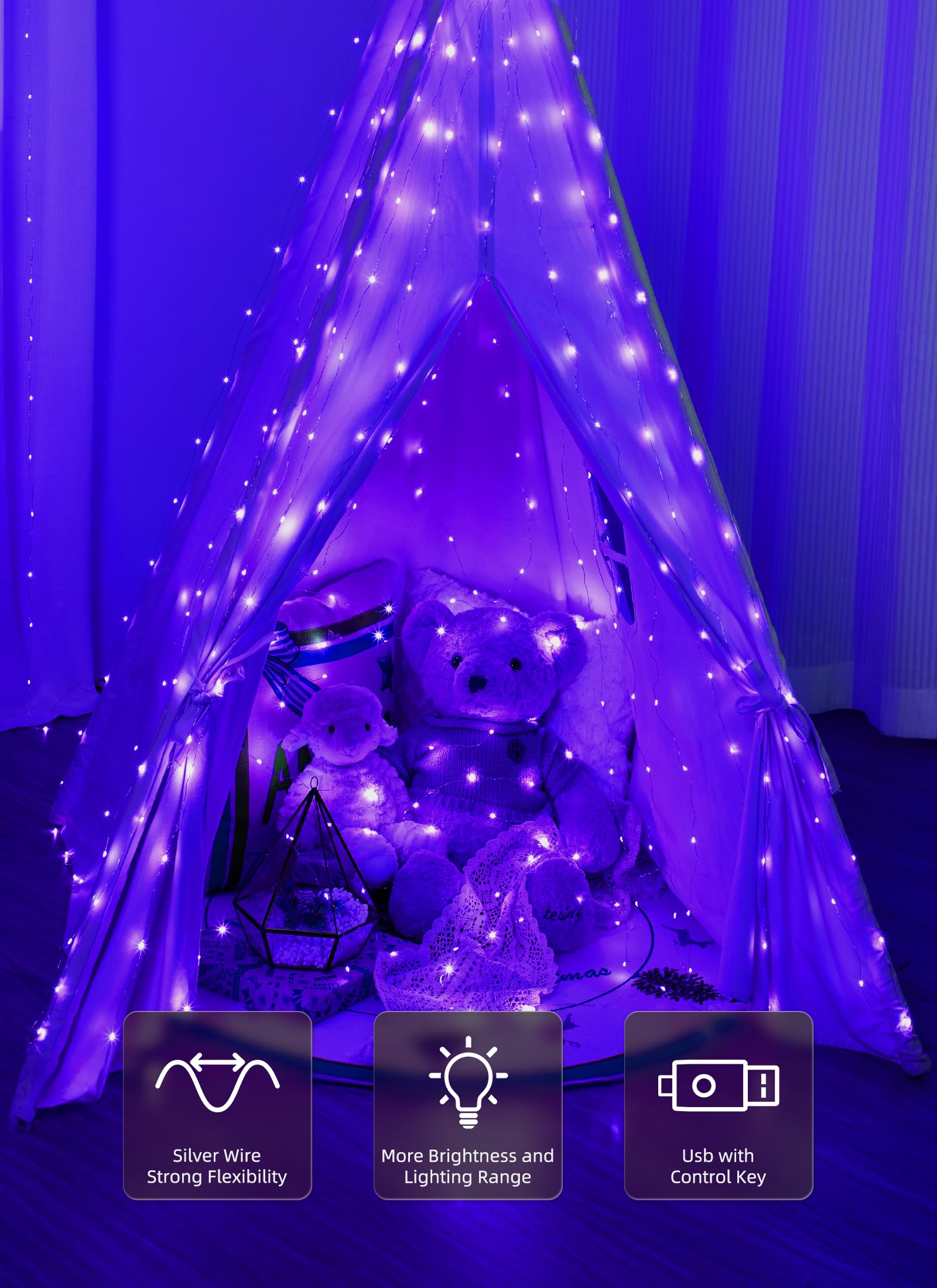 Brightown 300 Led Purple Halloween Fairy Curtain Lights  9.8Ft X 9.8Ft Curtain String Lights  Usb Plug In 8 Lighting Modes Led Christmas String Hanging Lights With Remote For Bedroom Indoor Weddings