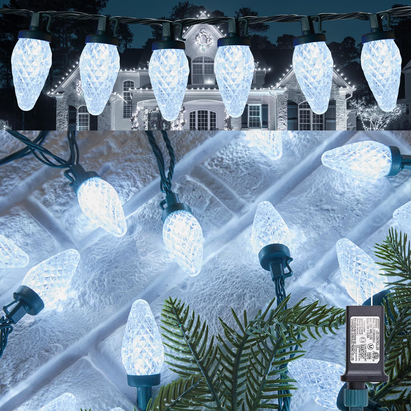 Minetom C9 LED Christmas Lights - 100 Waterproof Fairy Lights, 81 FT, White, Model JT-EL/FC300V0200-C, Timer & 8 Modes