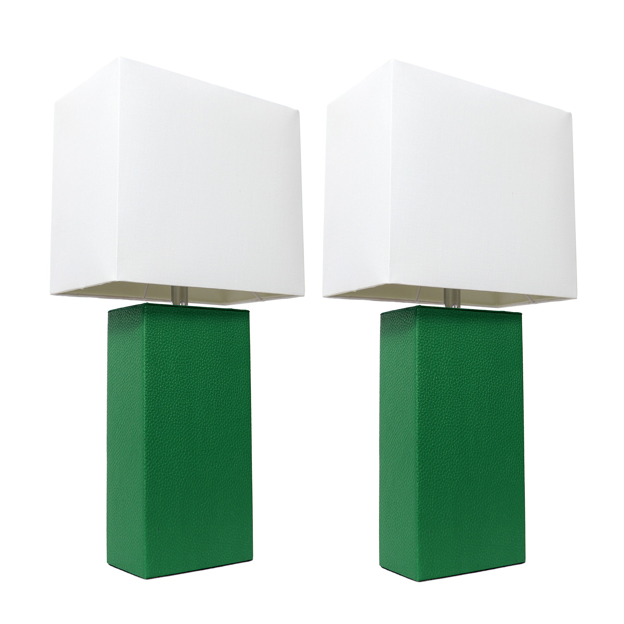 Elegant Designs Lc2000-Grn-2Pk 2 Pack Modern Leather Table Lamps With White Fabric Shades, Green