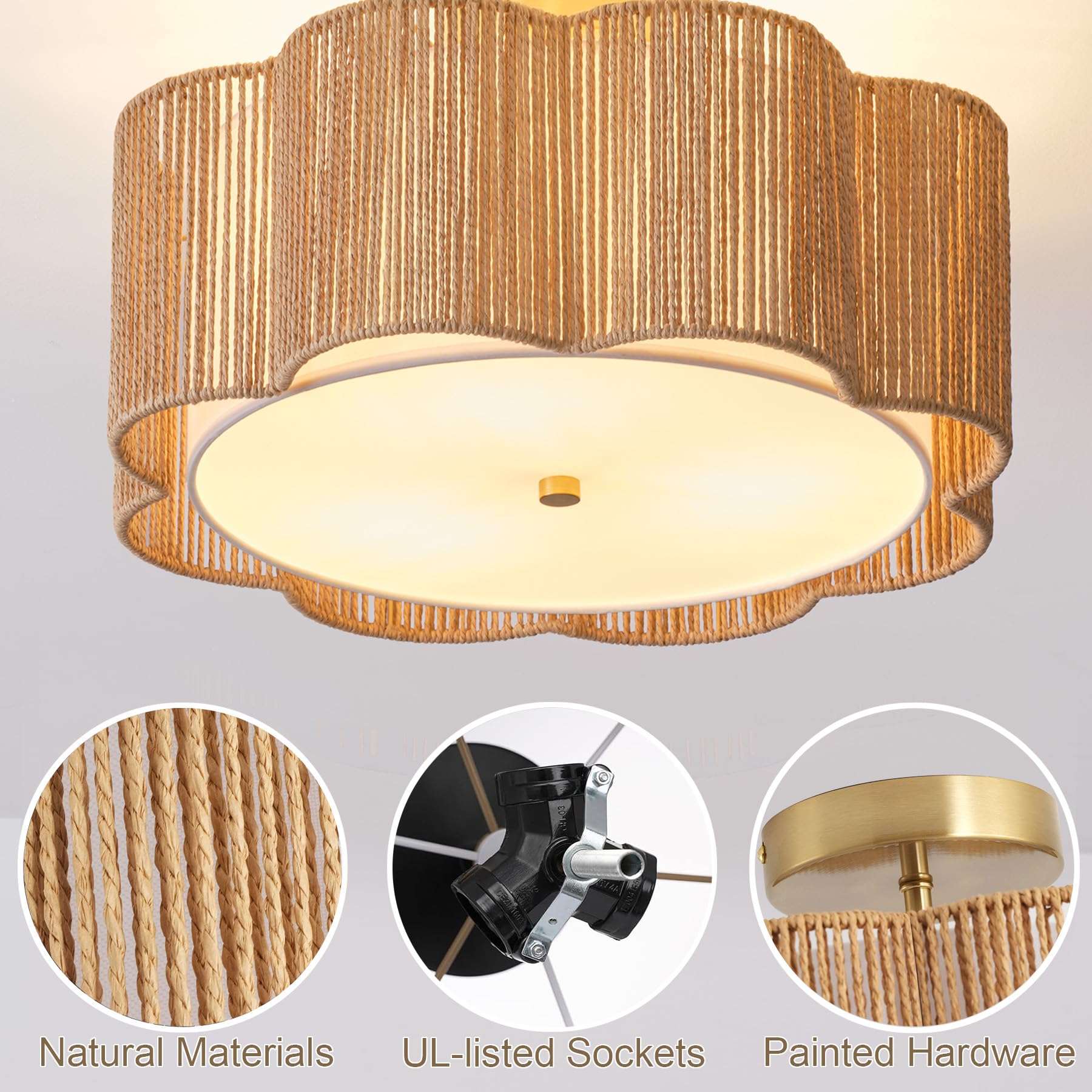 Giutna 17.7" Rattan Flush Mount Ceiling Light, 3-Light Boho Fixture, Yellow Drum Chandelier for Dining Room, Kitchen, Hallway