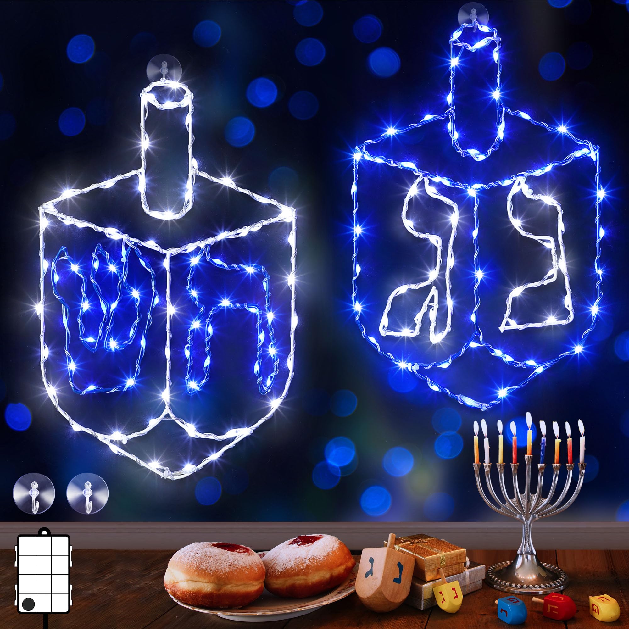 Meonum 2 Pack Hanukkah Decorations Window Lights  8 Modes Blue White Chanukah LED Silhouette Lights Battery Operated with Timer for Jews Judaism Synagogue Passover Hanukkah Party Decor(Dreidel)