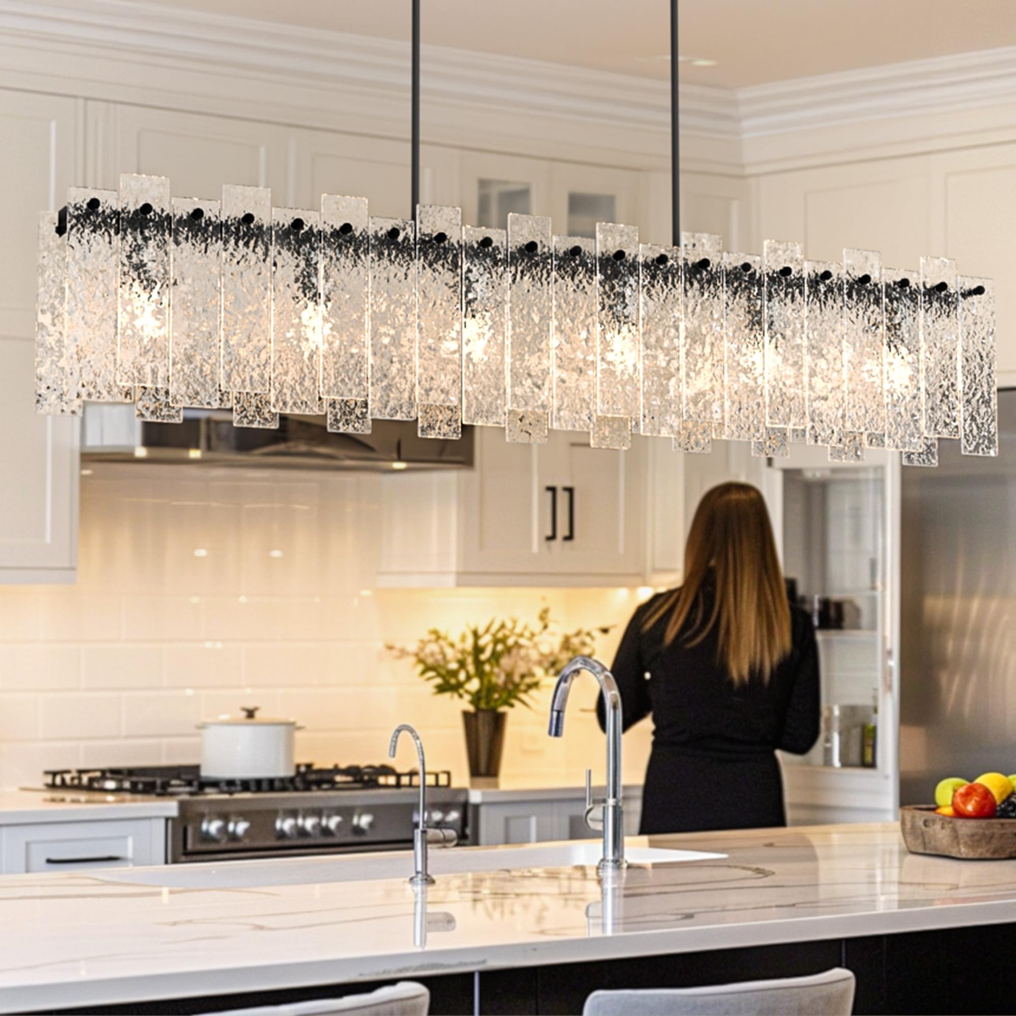 Danshinro 4FT Black Chandelier - Linear Crystal Design with Water Ripple Glass, L22 Model, 6 Bulb Capacity, Ideal for Dining Room