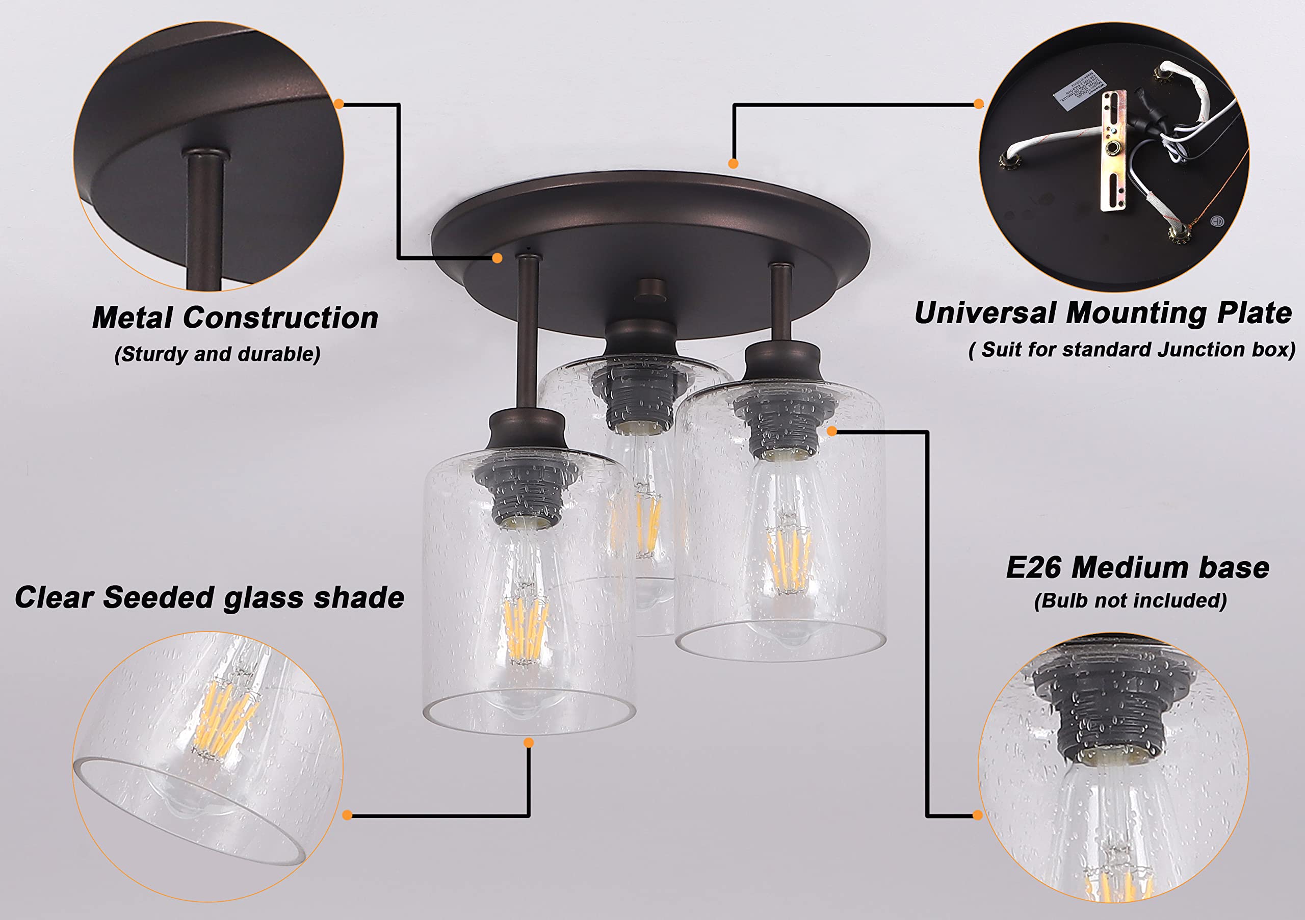 Winsmart Semi Flush Mount Ceiling Light With Seeded Glass Shades For Kitchen Hallway And Dining Room, 3-Lights Rustic Ceiling Li