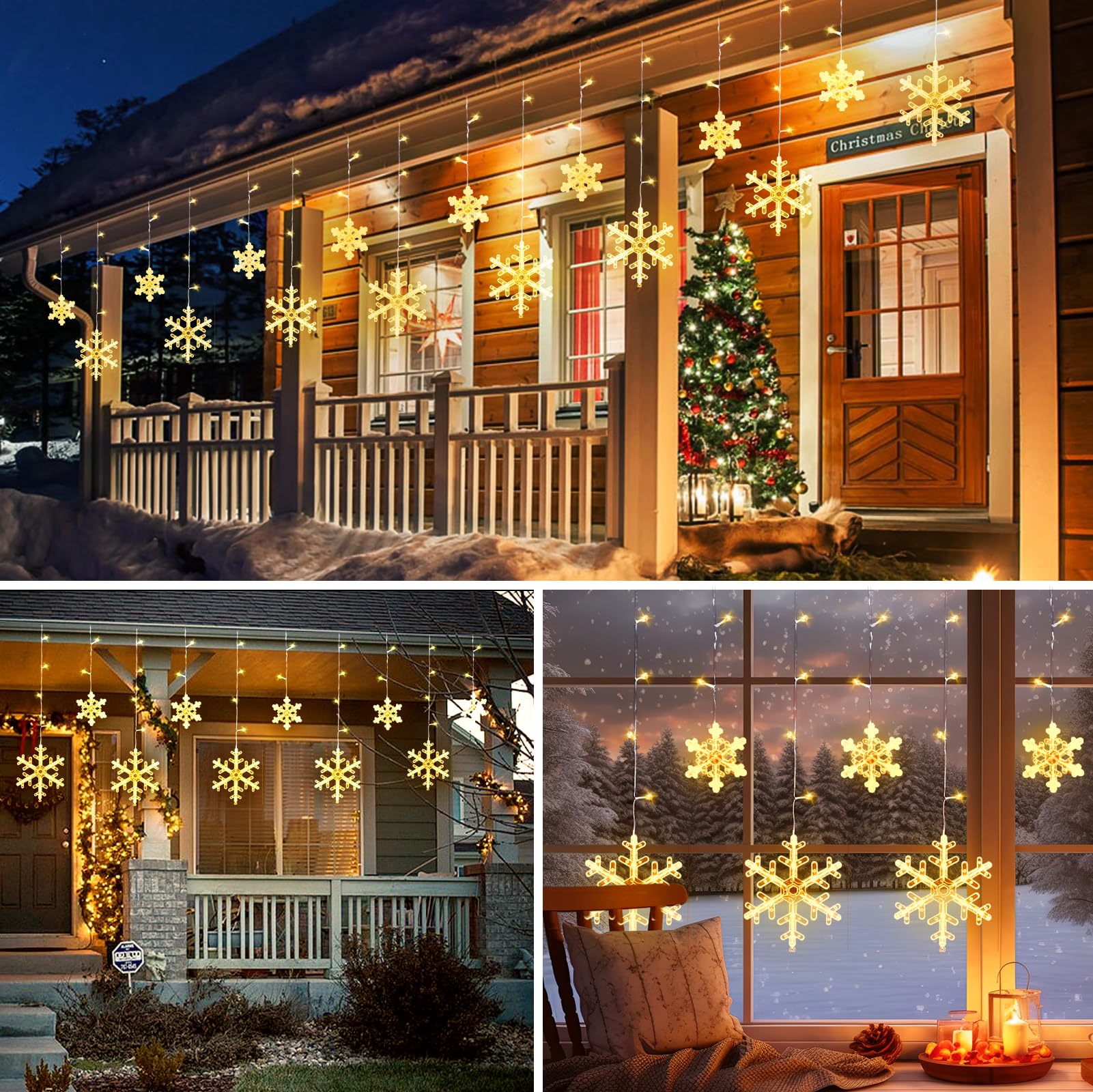 Minetom Christmas Snowflake Lights - 13ft, 192LED, 12 Modes, Timer, IP65 Waterproof, Warm White, Model DMO-I-50~1200