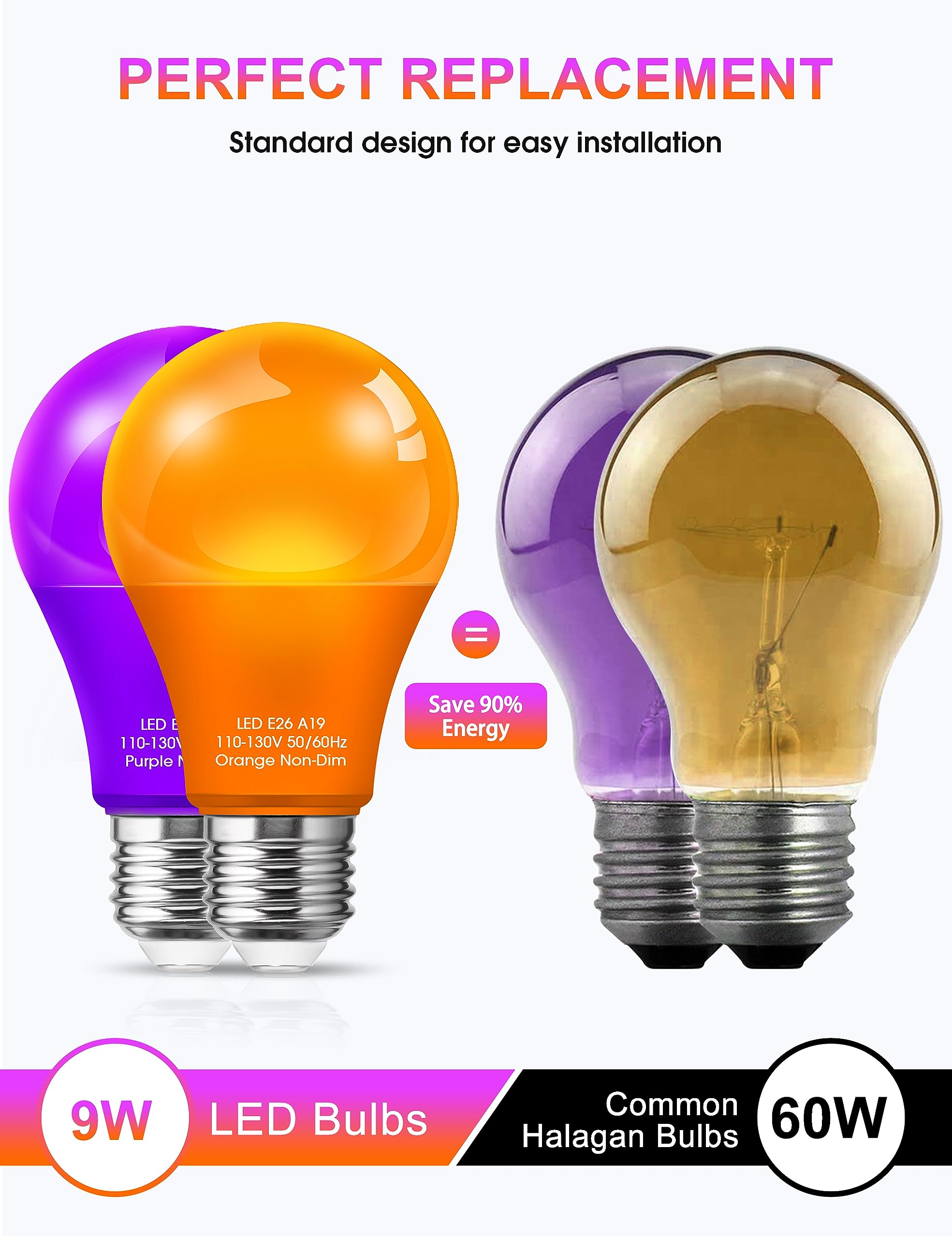 Fulighture Purple Orange Led Light Bulbs - 4 Pack A19 Halloween & Party Decor, 9W E26