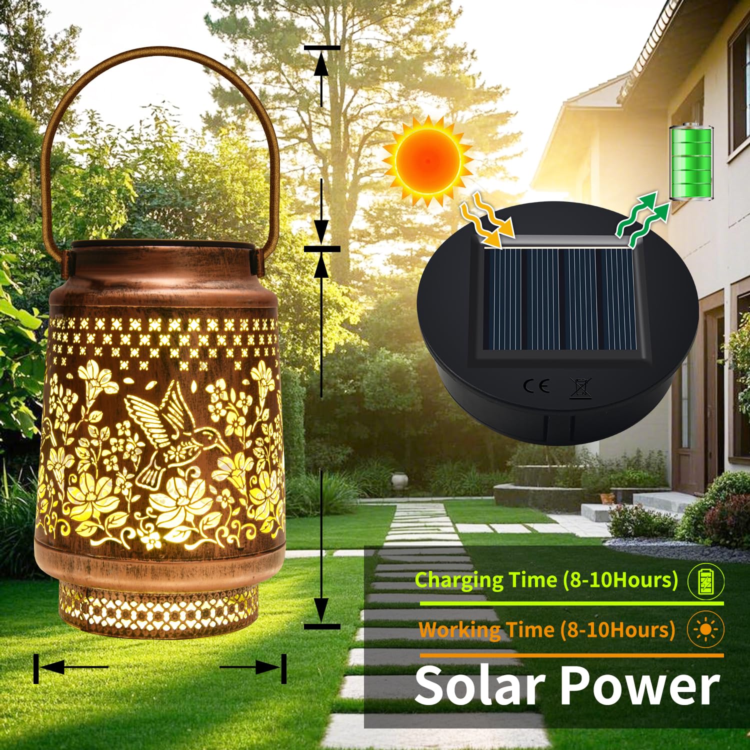 Motusamare Solar Outdoor Hanging Lantern, Waterproof Metal Hummingbird Decor, Brown, Model MO001