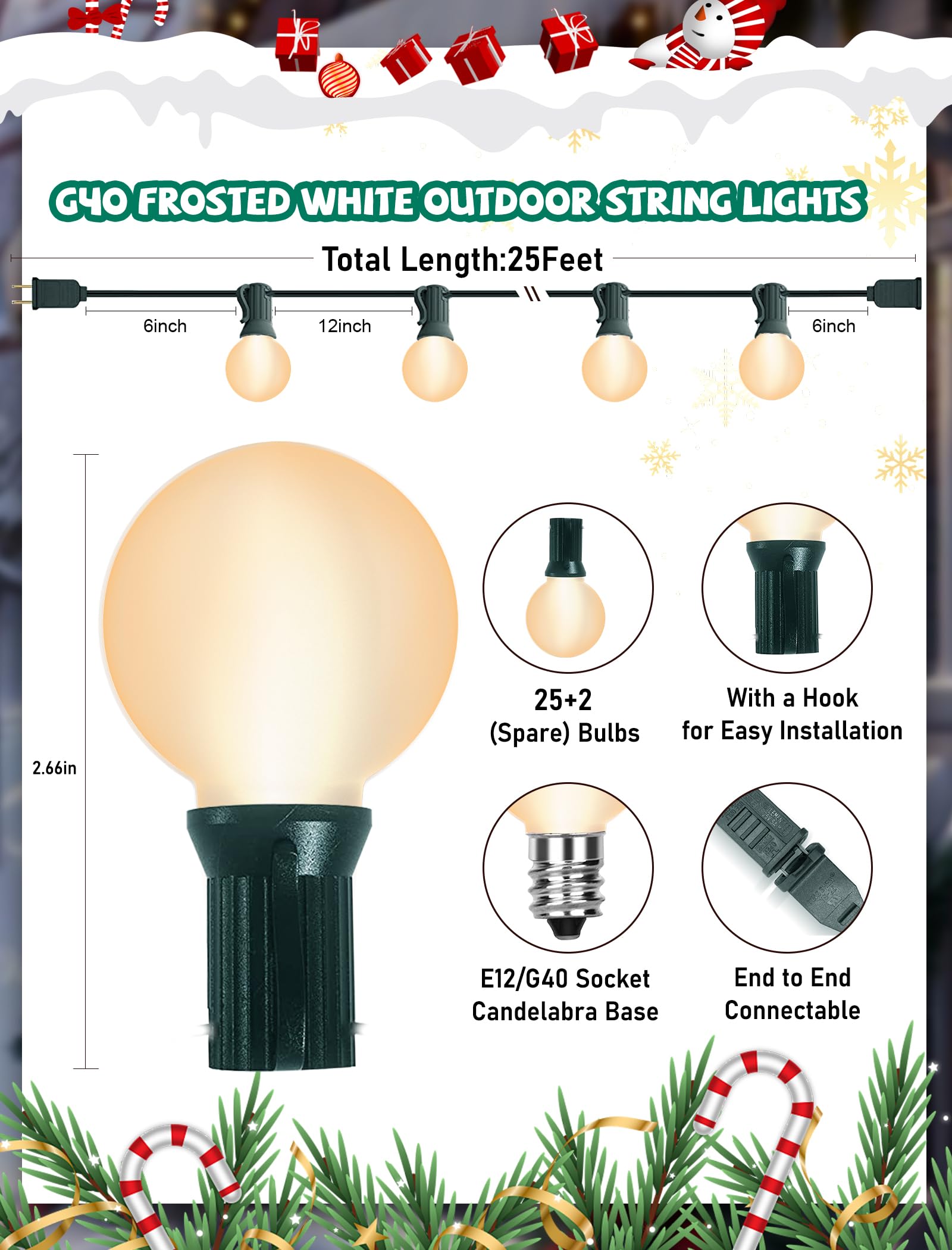 GOOTHY G40 Frosted White Globe Christmas Lights, 25FT Outdoor String Lights with 27 Bulbs, Green Wire