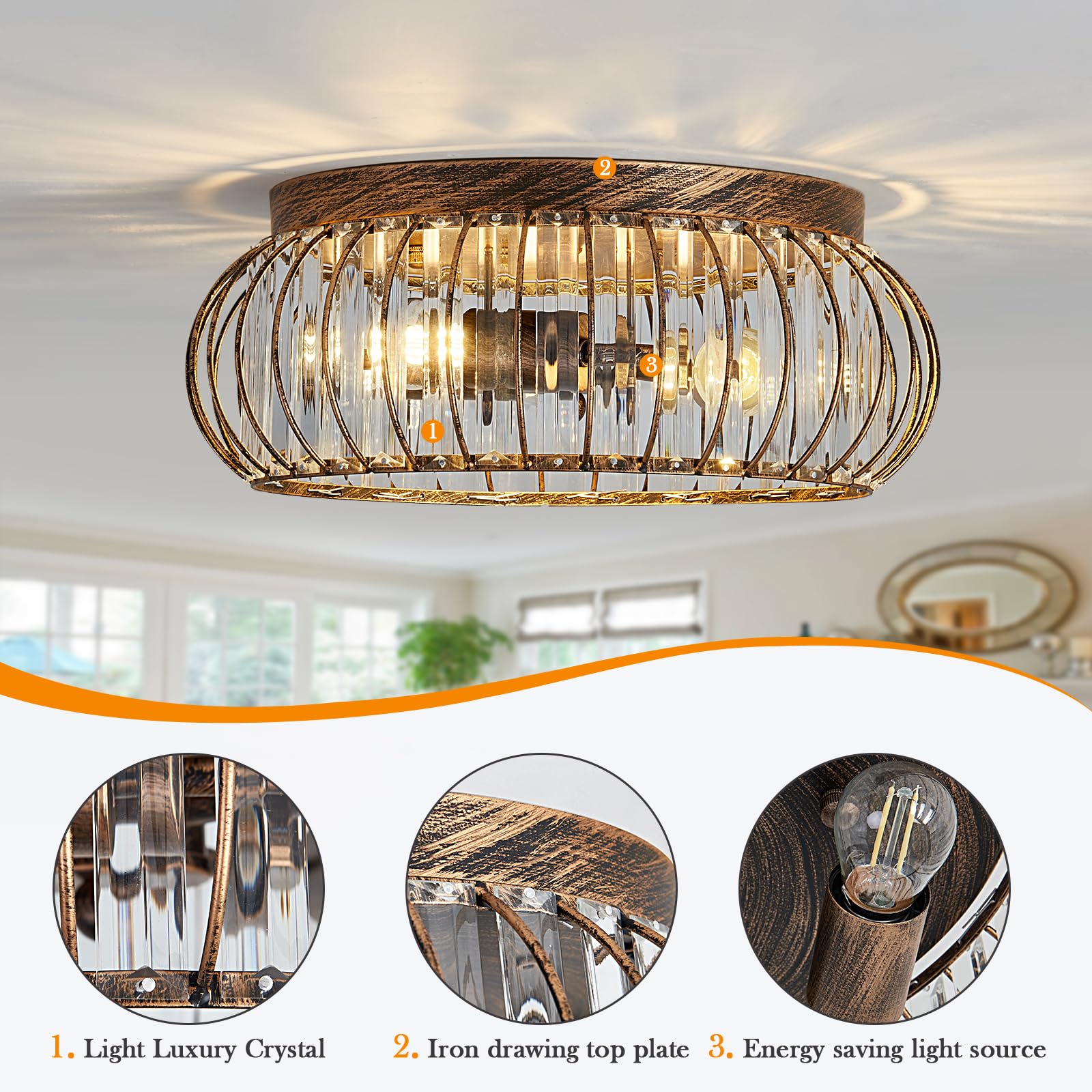 Yyjlx Modern Crystal Flush Mount Ceiling Light, Bronze 3-Light Chandelier For Home Decor