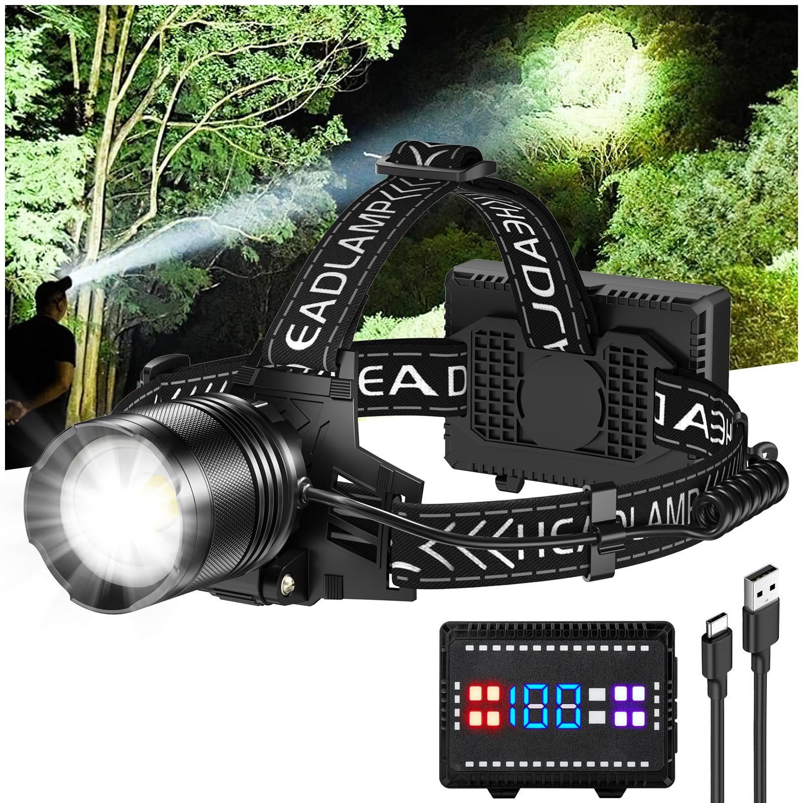 Headlamp Rechargeable, 990000 Lumens Super Bright Led Head Lamp With 4 Modes, 90? Adjustable Head Lights For Forehead, Ipx6 Wate