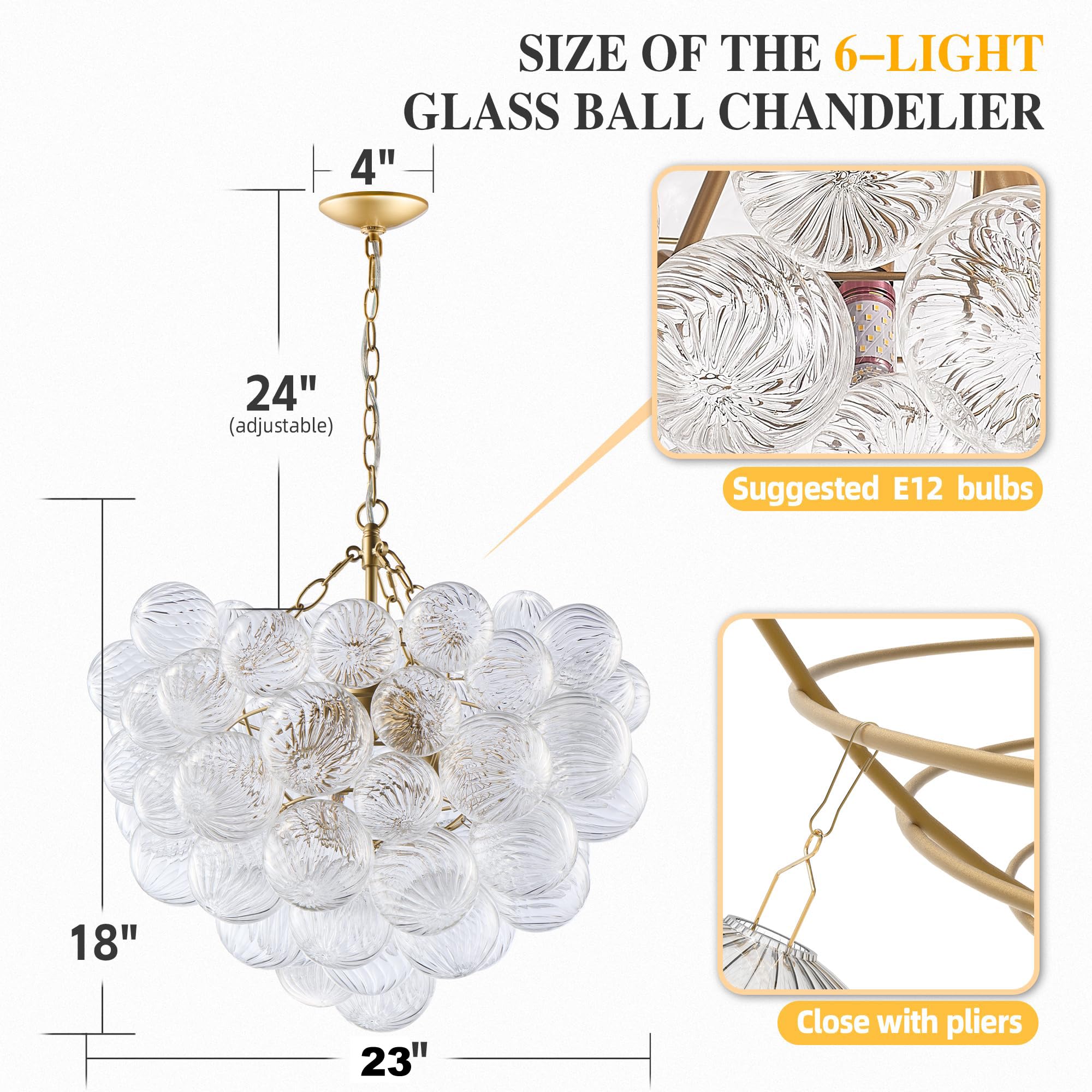 Longree Nordic Bubble Ball Swirled Glass Chandelier, Diam 23 Inch Gild Gold And Clear Blown Glass Hanging Pendant Light Fixture