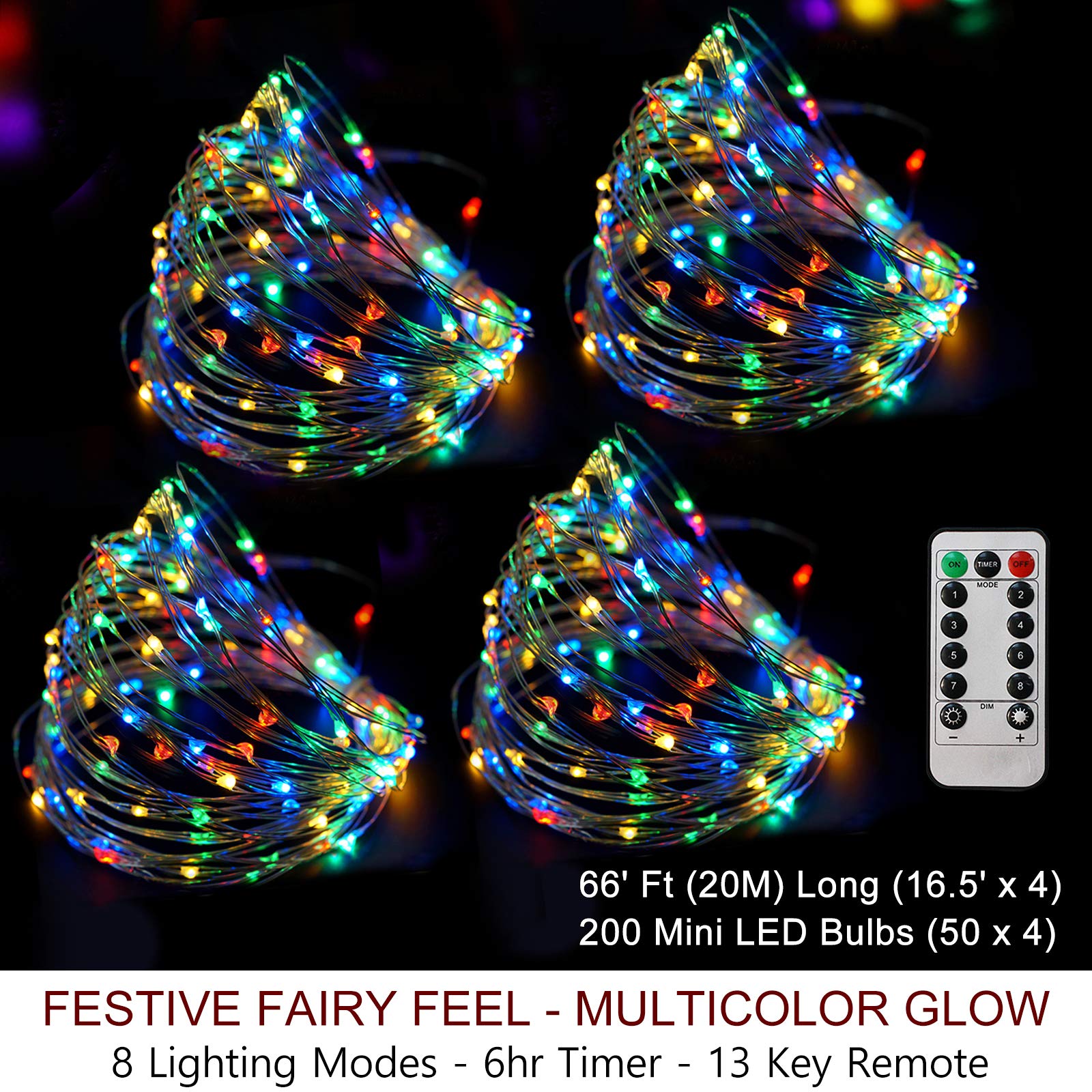 Bright Zeal 66 Ft 200 Led 8 Mode Multi Colored Christmas Fairy Lights Battery Operated With Remote Control Christmas Lights Outdoor Multicolor Waterproof - Twinkle Led Christmas String Lights Colorful