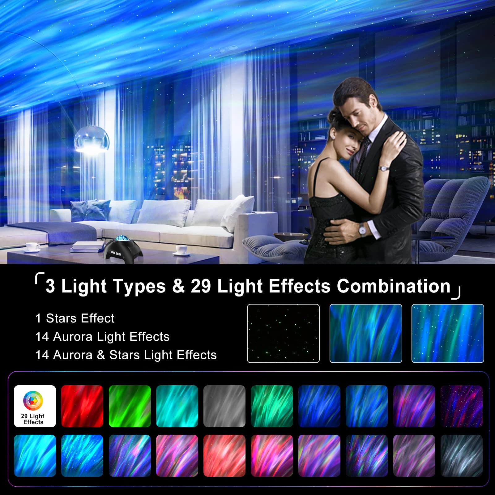 Vinwark Northern Lights Aurora Projector, Bluetooth Speaker, Black, Model HJ-XKD09