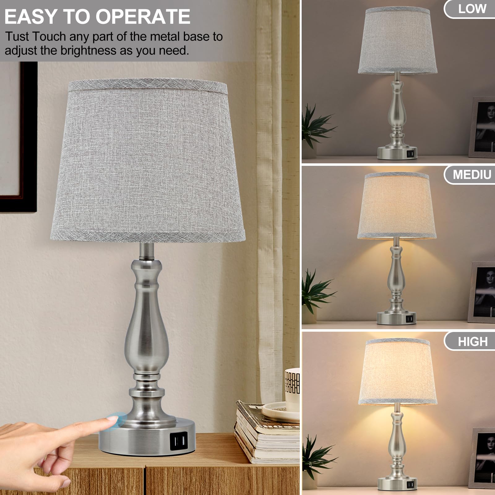 Ejiaxin Table Lamps For Bedroom Set Of 2,3 Way Dimmable Touch Bedside Lamps With Dual Usb A+C Ports - Nightstand Lamp For End Ta