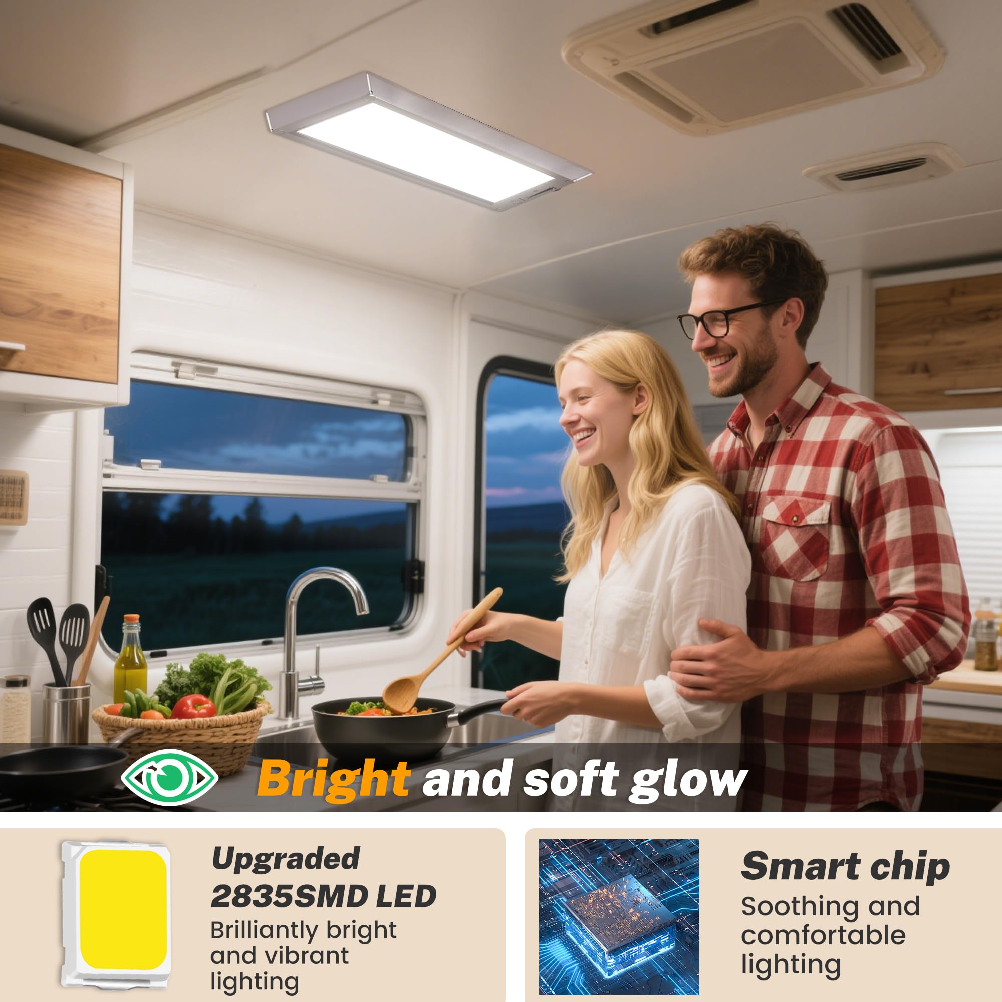 SFNN 2 Pack RV LED Ceiling Dome Lights, 12V, Dimmable Switch, Silver, Model FCD-001, Energy Saving for RV/Camper/Trailer/Boat