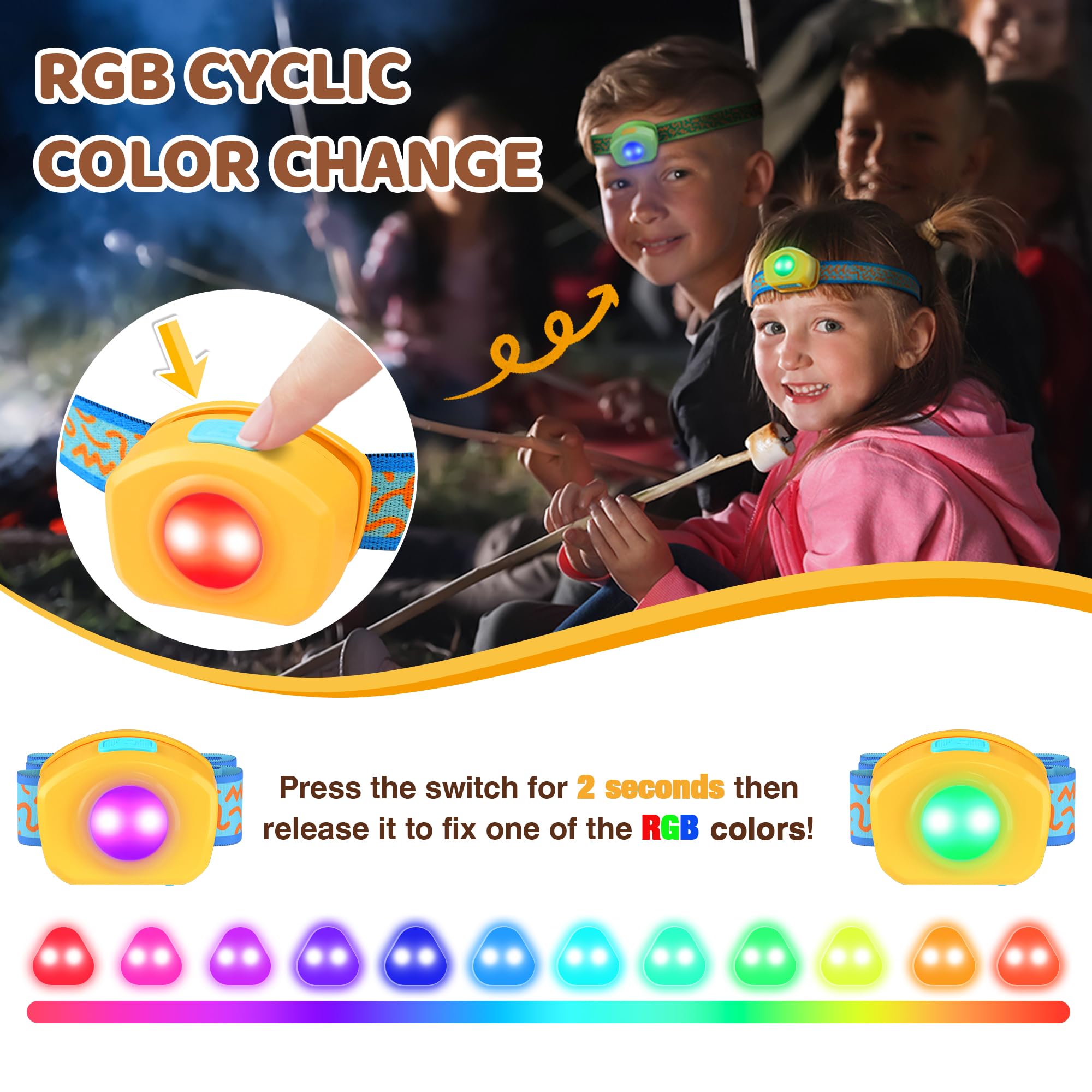 EverBrite Rechargeable LED Headlamp for Kids - RGB Mode, Adjustable Headband, Multicolor, Perfect for Camping & Halloween - Model E021054, Sunrise