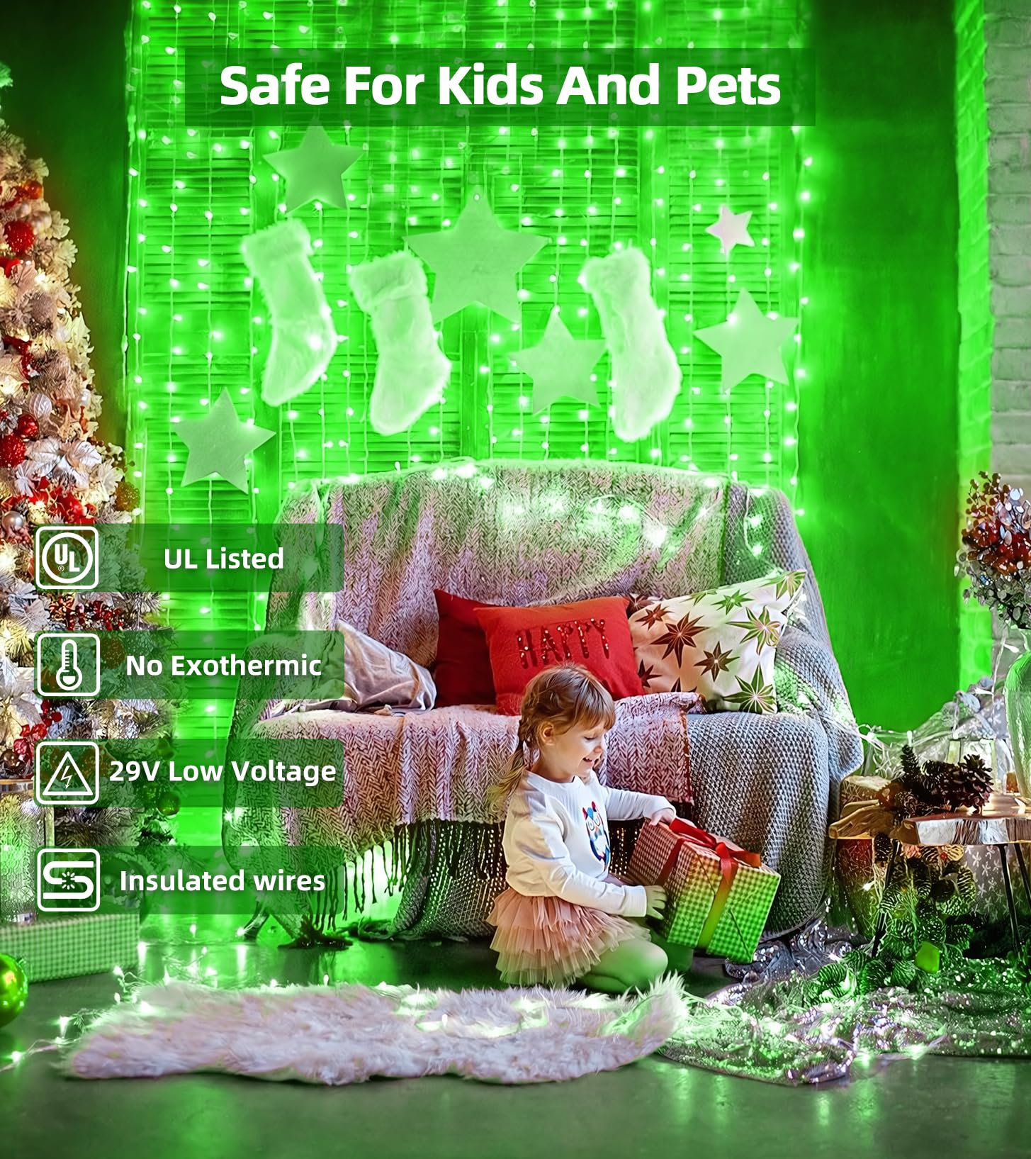QUHUATU 750 LED Christmas String Lights, 246FT Waterproof, 8 Modes, Green, Model WX-750L