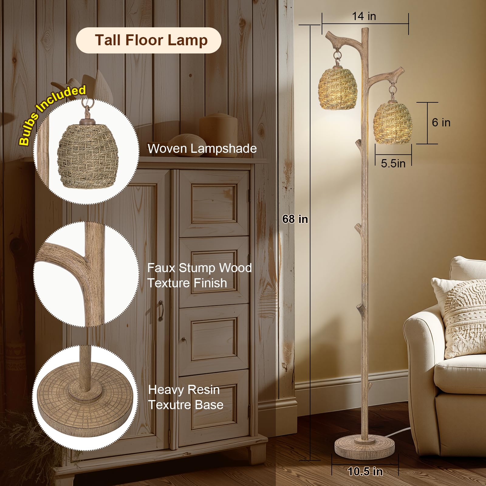 Scenekoy Vintage 68    Tall Floor Lamp With Straw Rope Woven Shade, Retro Resin Standing Lamp Tree Trunk Finish, Dimmable Corner