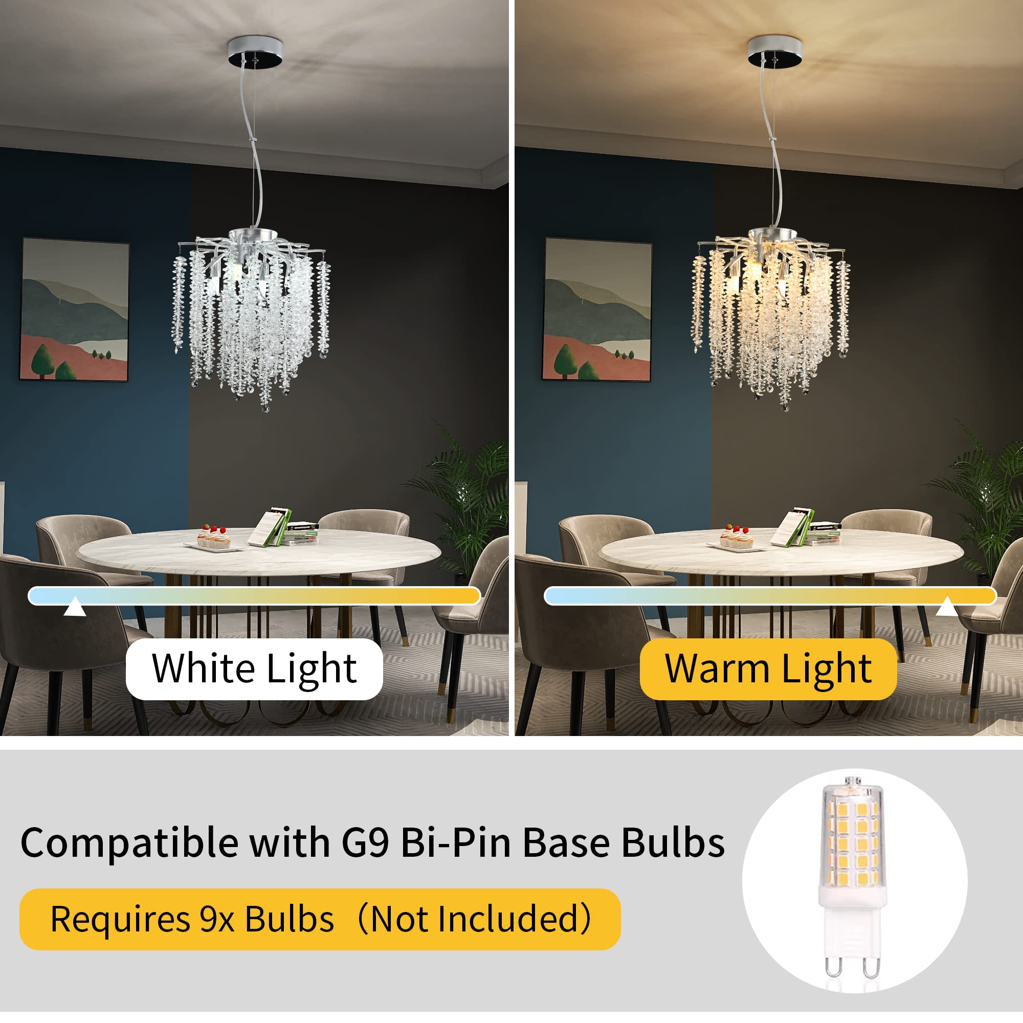 Upfelw Modern Crystal Branch Chandelier D12, Silver Luxury Round Tree Branch Raindrop Pendant Light Fixture 5 Lights For Kitchen