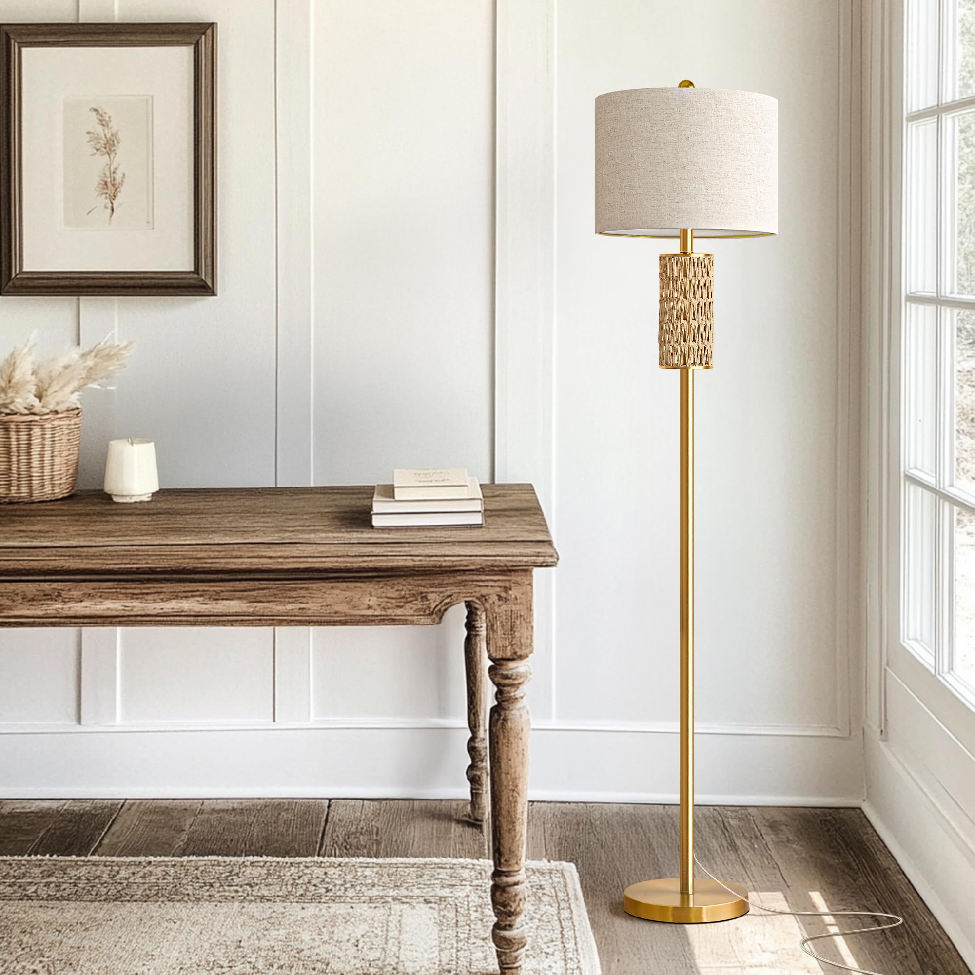 Oneach 62Modern Floor Lamp For Living Room, Gold Boho Standing Lamp With Unique Rattan Design, Rotary Switch, Farmhouse Tall Lam