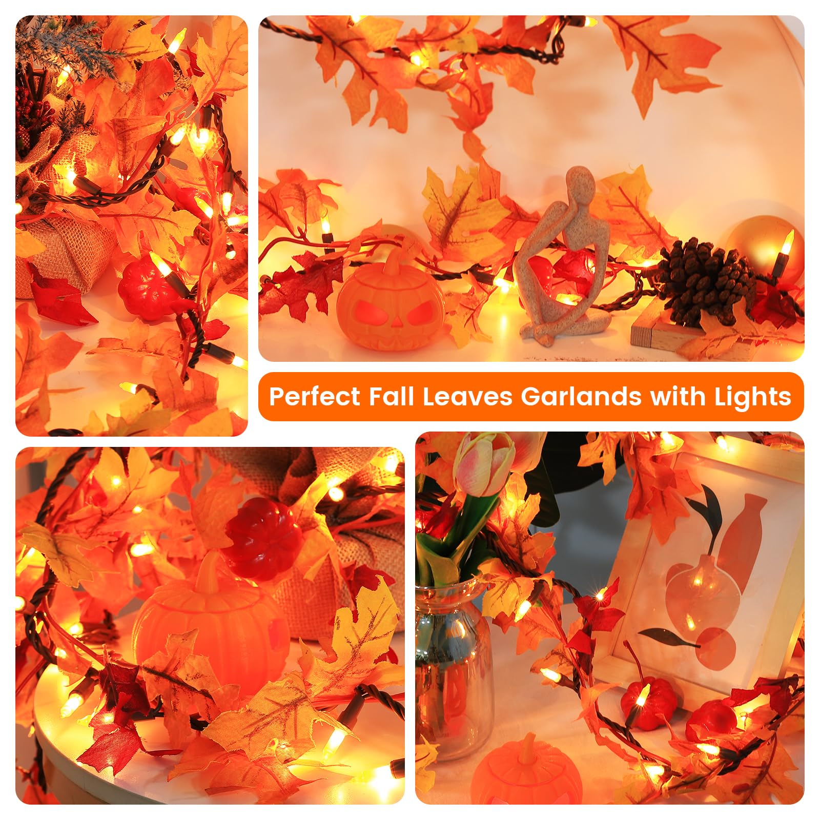 Thanksgiving Decorations Fall Maple Leaf String Lights Plug In, 8Ft Fall Leaves Garland With Lights, 35 Orange Bulbs Lighted Fall Garland Lights For Halloween Garland Outdoor Thanksgiving Décor