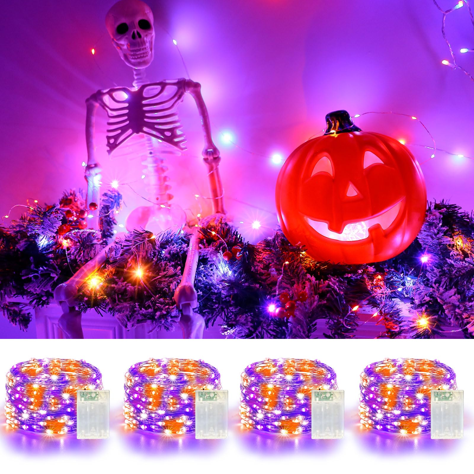LitHome 4 Pack 240 LED Fairy Lights - Battery Operated, 20FT, Waterproof, Twinkle Lights, Purple & Orange