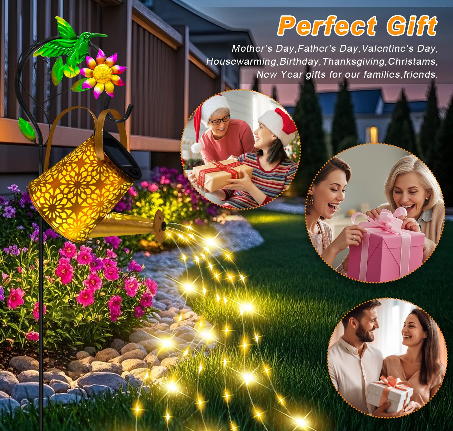 Solar Metal Watering Can With Hummingbrid Shepherd Hook And Cascading Lights - Outdoor Solar Lantern For Garden  Yard  Patio Decor And Gardening Gifts For Women MotherS Day