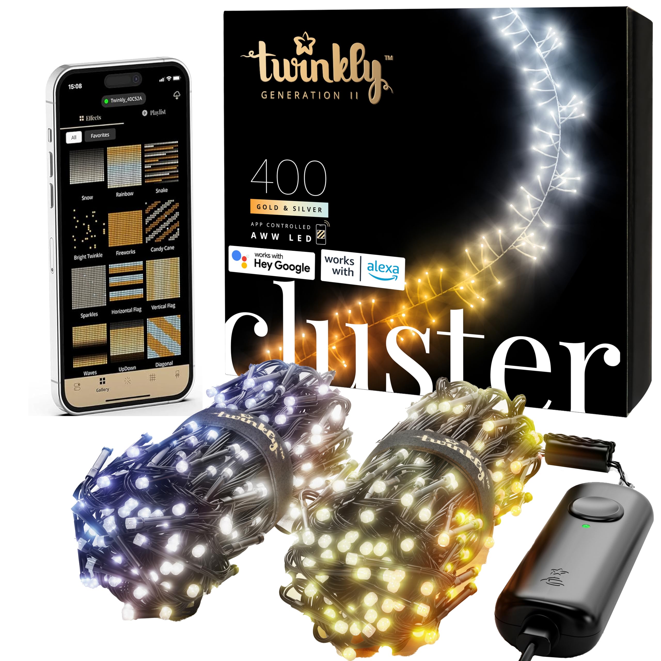 Twinkly Cluster - App-Controlled LED Christmas Lights with 400 AWW (Amber  Warm White  Cool White) LEDs. 19.7 feet. Green Wire. Indoor and Outdoor Smart Lighting Decoration