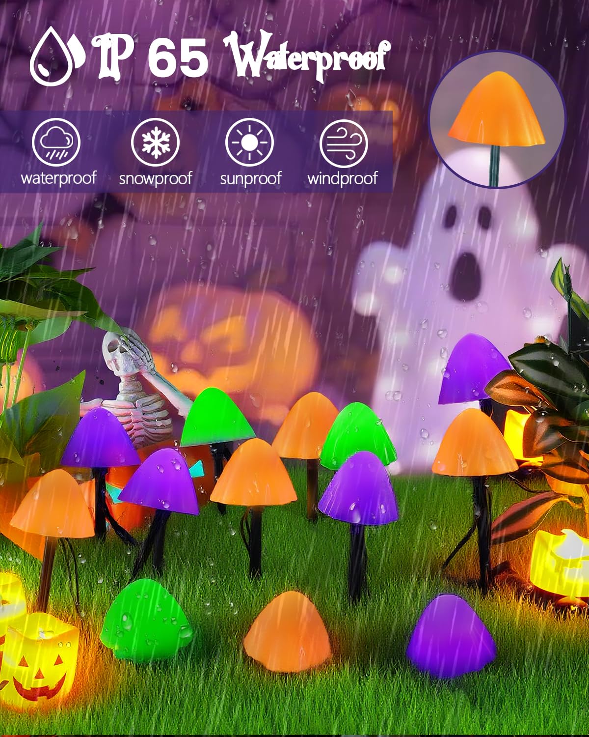 OZS Solar Mushroom String Lights, 2 Pack, 55FT, 32 LED, 8 Lighting Modes, Halloween Colors: Orange, Purple & Green