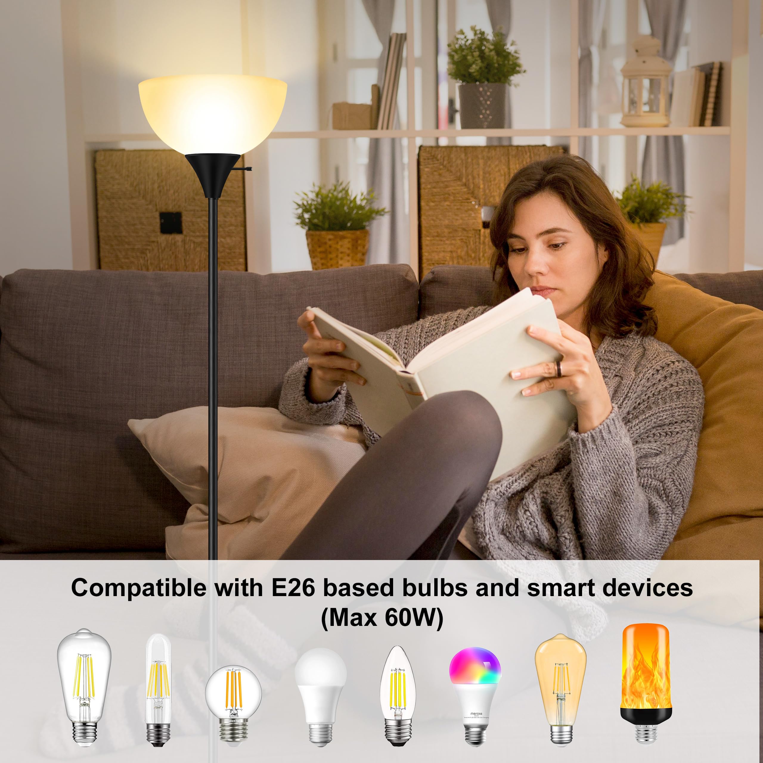 Boostarea Floor Lamp, 70.1    Tall Lamp, Led Black Floor Lamp, E26 Base, Eye-Caring, Modern Torchiere Floor Lamps For Living Roo
