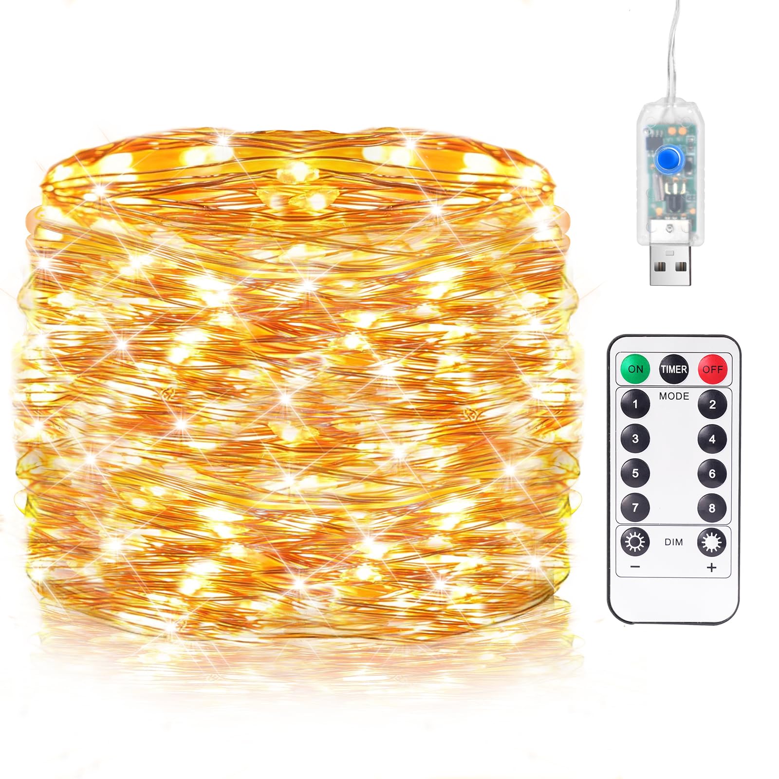 Usb Fairy Lights Plug In, 33Ft 100 Led Twinkle String Lights With Remote And Timer 8 Modes Waterproof Copper Wire Starry Lights