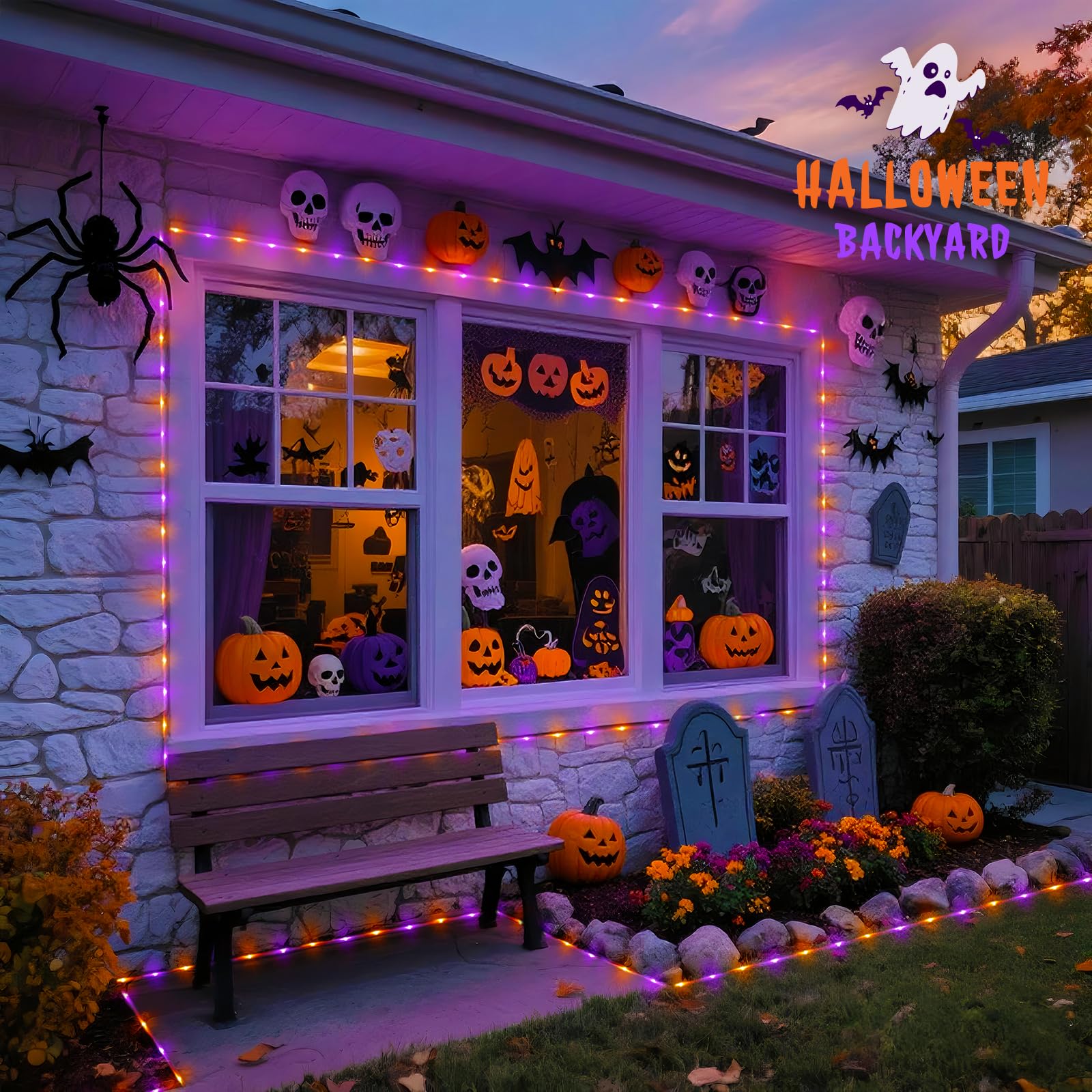 Jmexsuss Orange Purple Halloween Solar Lights  66 Ft 200 Led Purple Rope Lights Outdoor Waterproof  Orange Christmas String Lights For Halloween Fall Party Tree Christmas