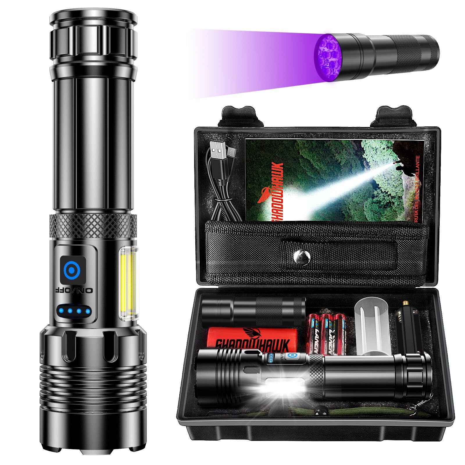Shadowhawk Rechargeable Flashlights High Lumens, 1000000LM XHM90.2 30W LED Flash Light with COB Light, 7 Modes Super Bright Flas