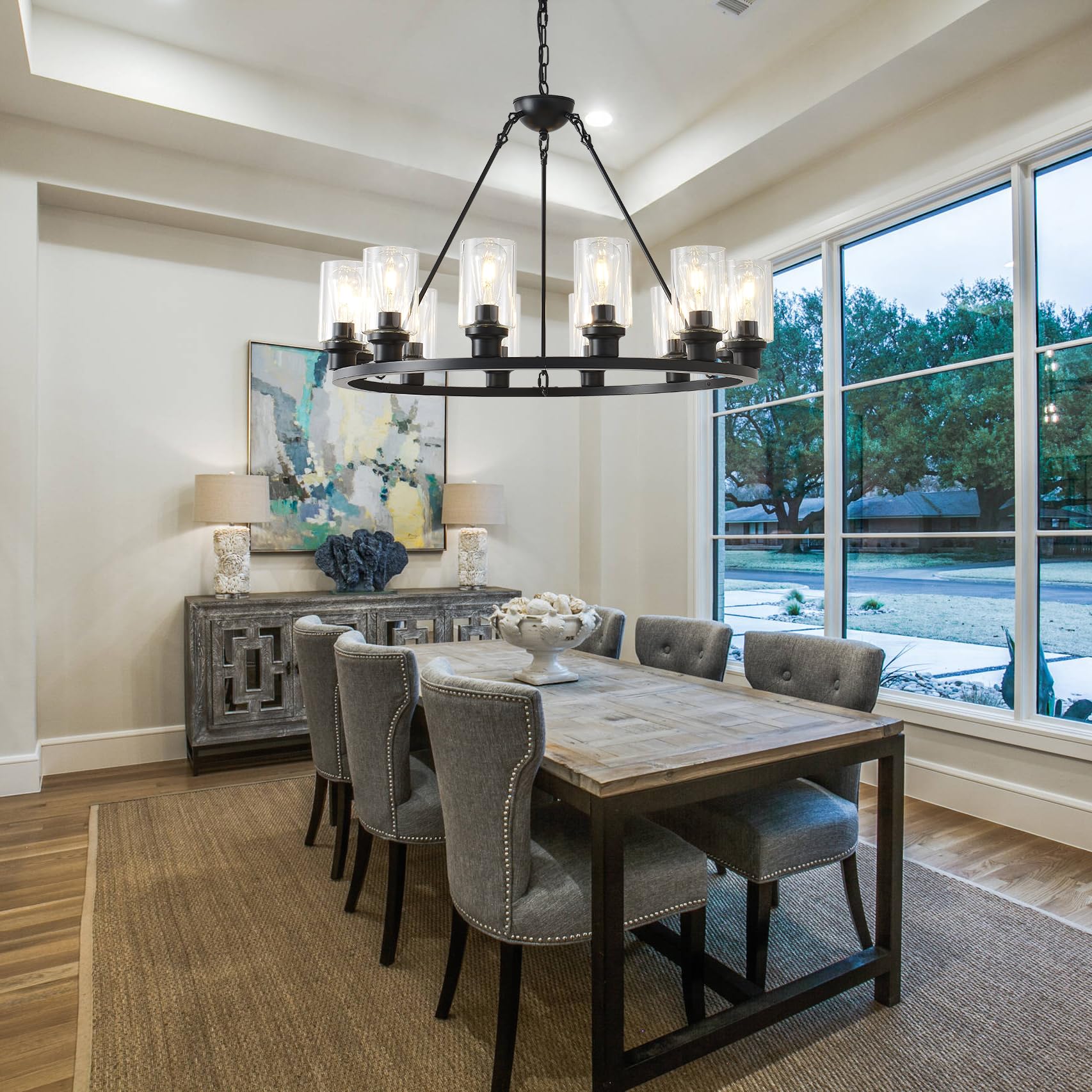 Jtyp 32&quot; Black Wagon Wheel Chandelier, 12-Light Farmhouse Pendant Light For Living Room & Kitchen