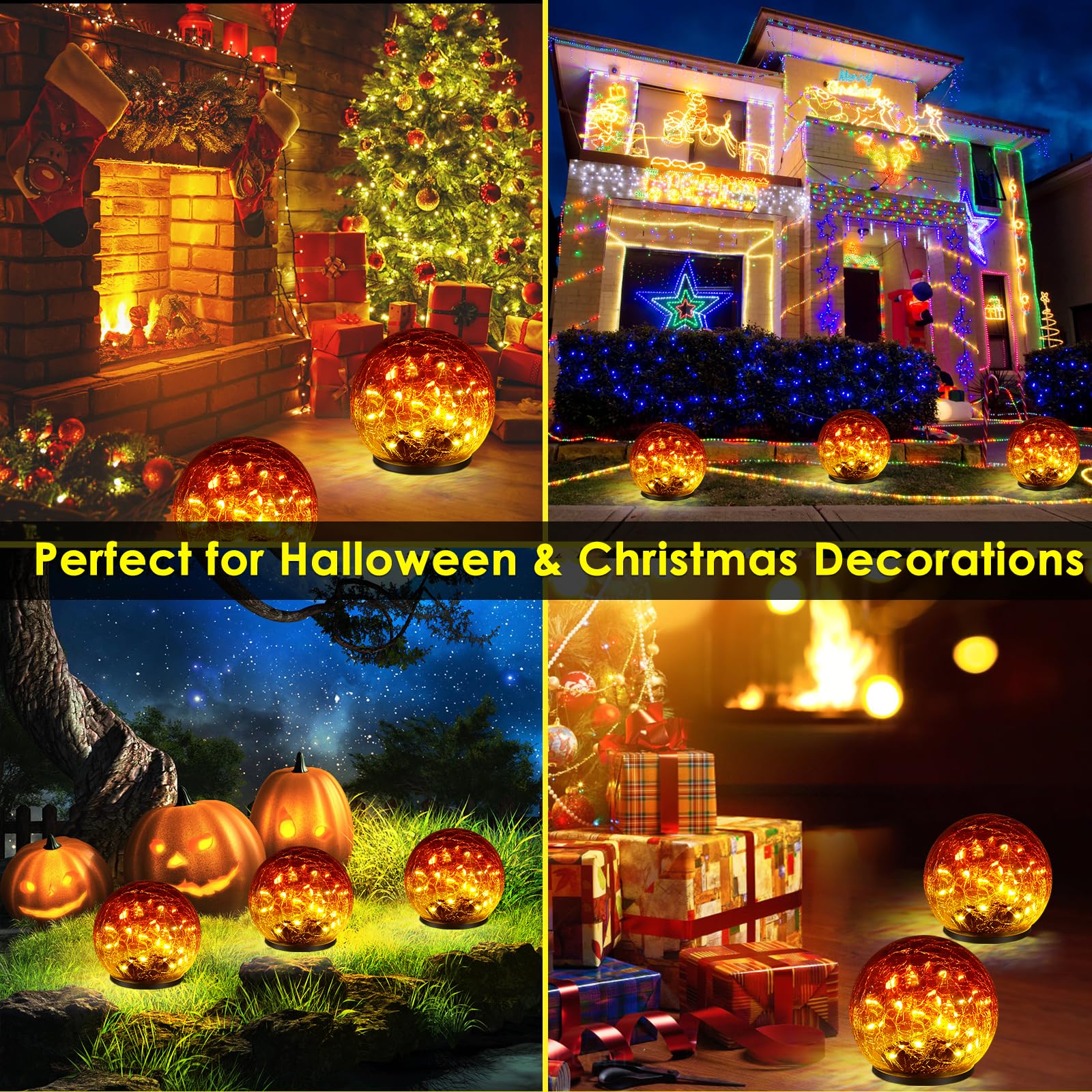 Keevvon 2 Pack 60 Led Garden Solar Outdoor Lights Decorative, Gradient Red Cracked Glass Solar Globe Lights, Upgraded Waterproof Ball Lights For Yard Pathway Patio Lawn Christmas Outside Decor