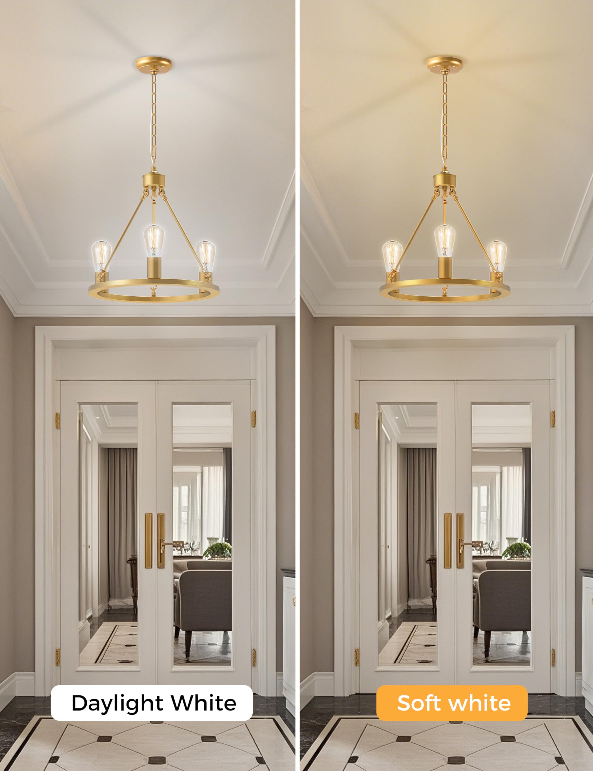 L Lohas Led Gold Farmhouse Chandeliers For Dining Room, 3-Light Wagon Wheel Chandelier Over Table, Height Adjustable, 16'' Dinin