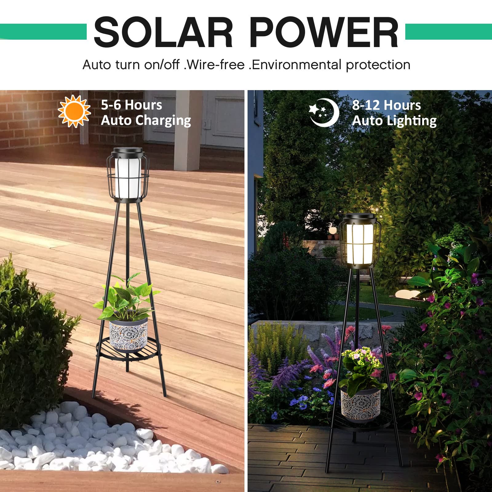 Visflair Solar Floor Lamps 2 Pack - Waterproof Metal Lights With Plant Stand For Outdoor Decor